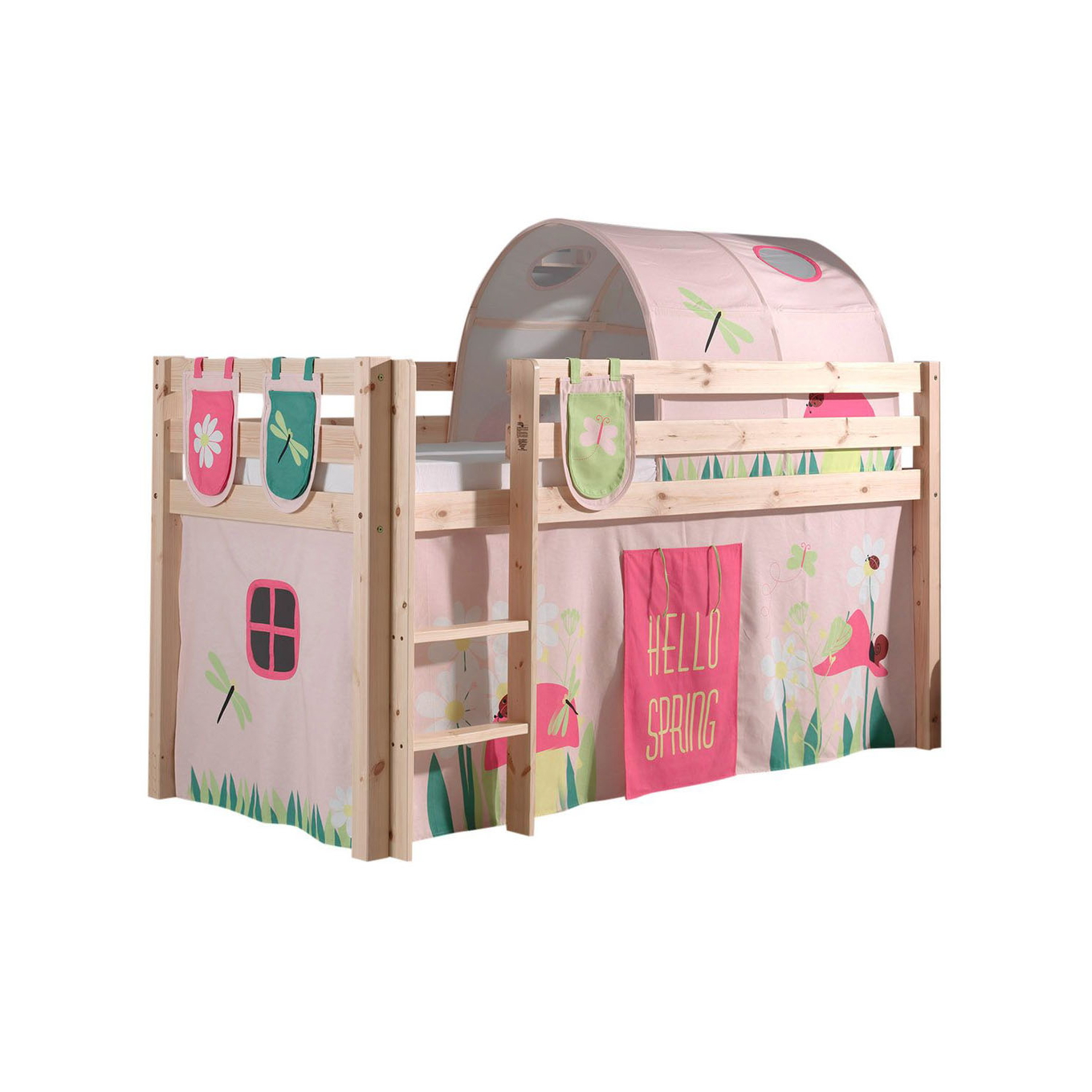 Halbhohes Bett Pino Spring Holz, mit Spielvorhang, Höhle und Betttaschen