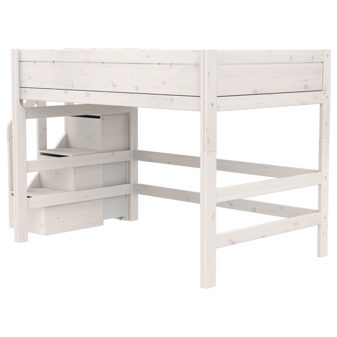 Mittelhohes Bett mit Treppe 120x200cm Rollrost, Weiss lasiert 3