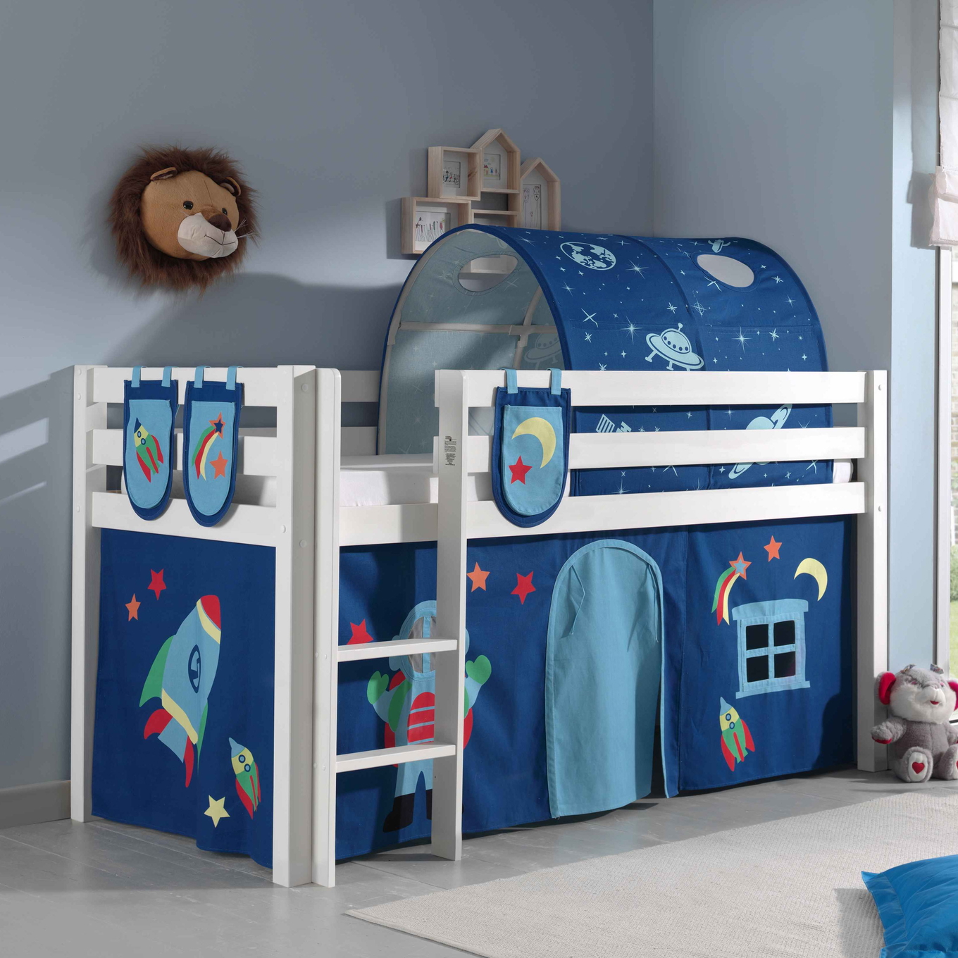 Halbhohes Bett Astro Weiss, mit Spielvorhang, Höhle und Betttaschen #2