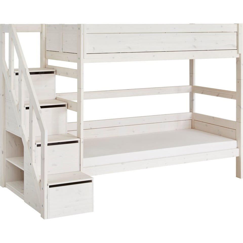 Etagenbett mit Treppe 90x200cm Deluxe Lattenrost, Weiss lasiert