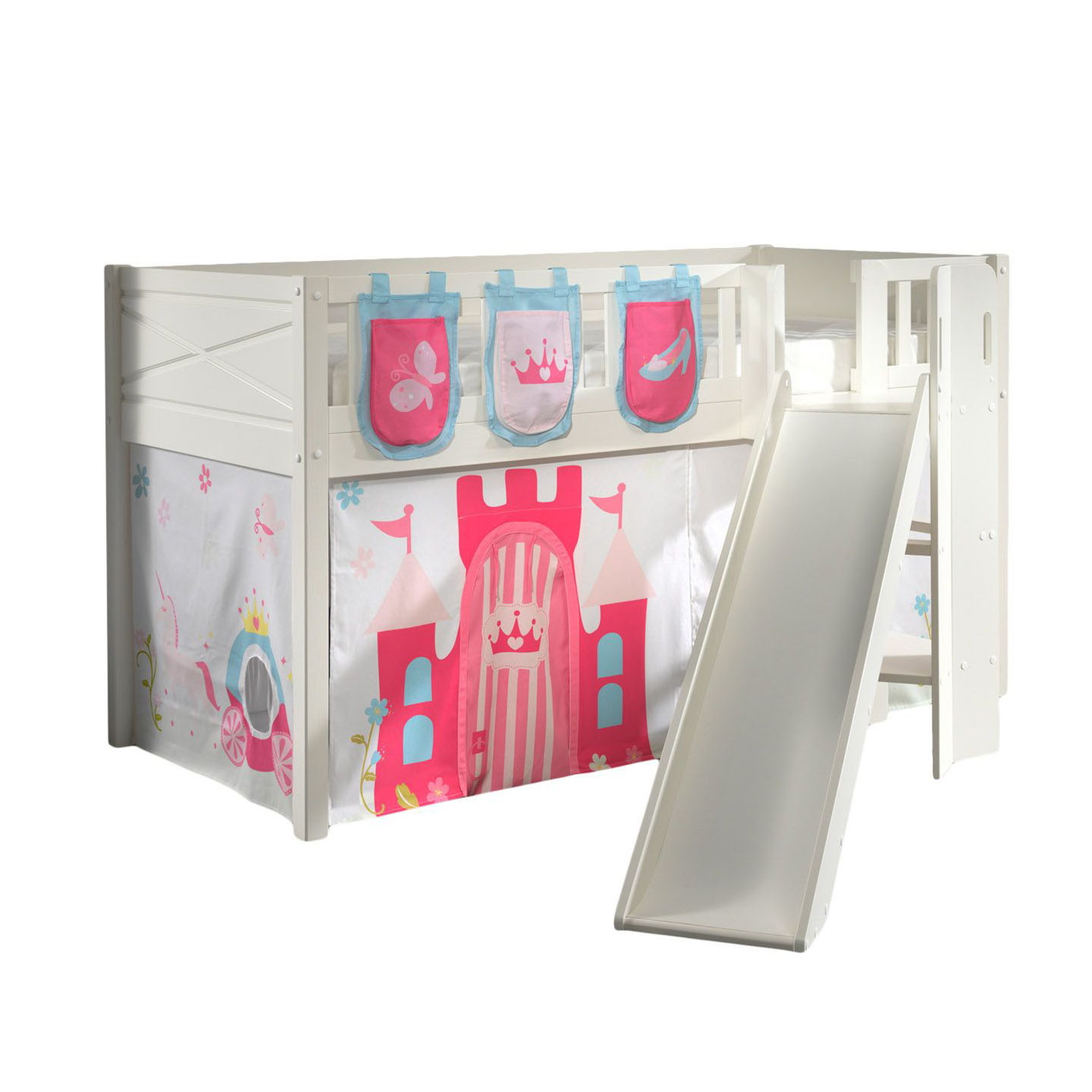 Halbhohes Bett Scott Princess mit Rutsche mit Spielvorhang und Betttaschen