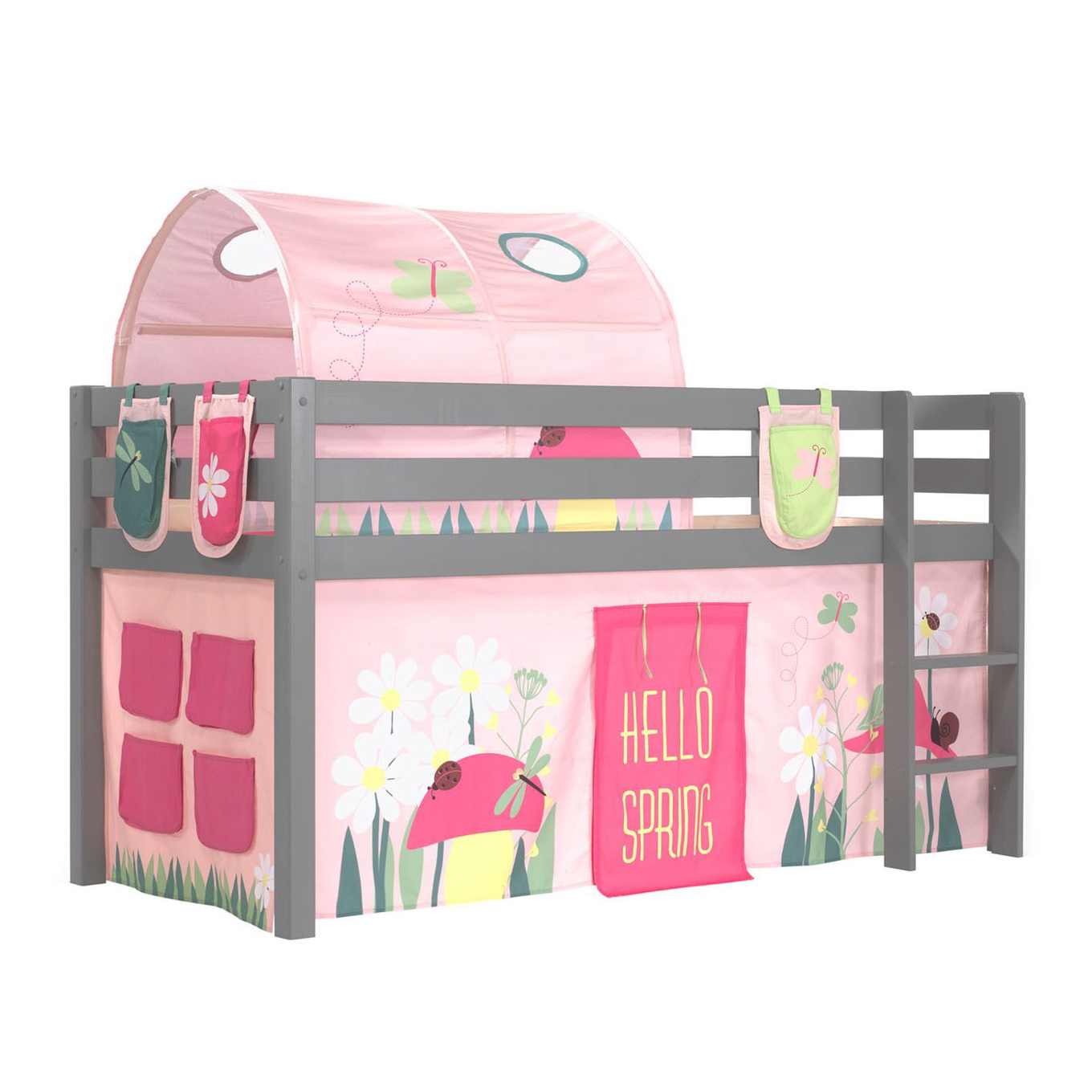 Halbhohes Bett Pino Spring Grau, mit Spielvorhang, Höhle und Betttaschen