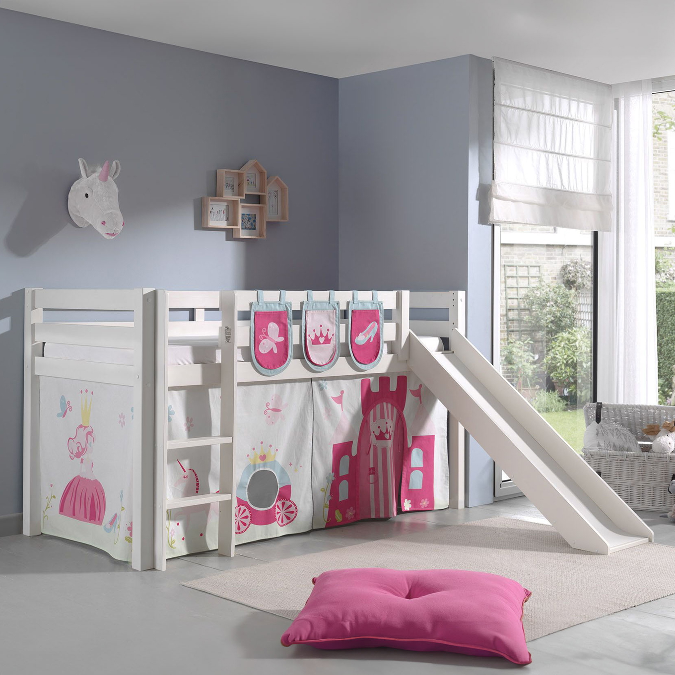 Halbhohes Bett Princess mit Rutsche Weiss, mit Spielvorhang und Betttaschen #2