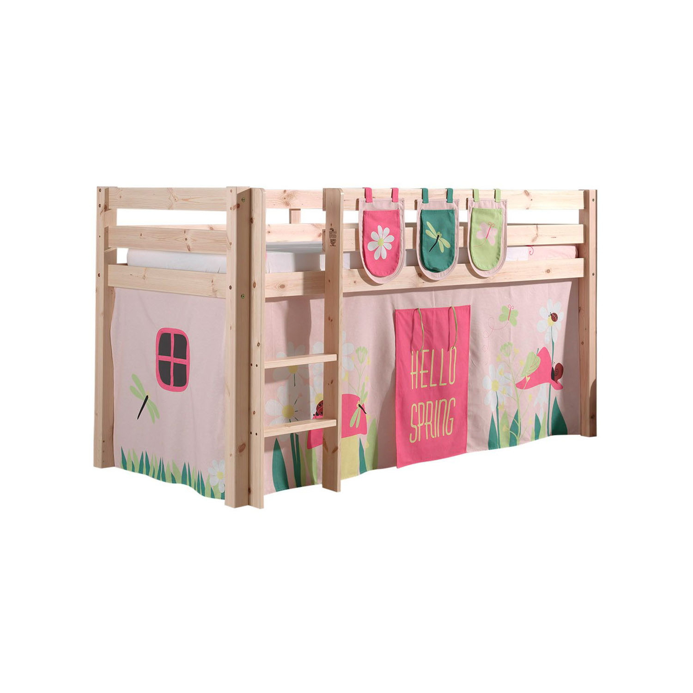 Halbhohes Bett Pino Spring Holz, mit Spielvorhang und Betttaschen 1