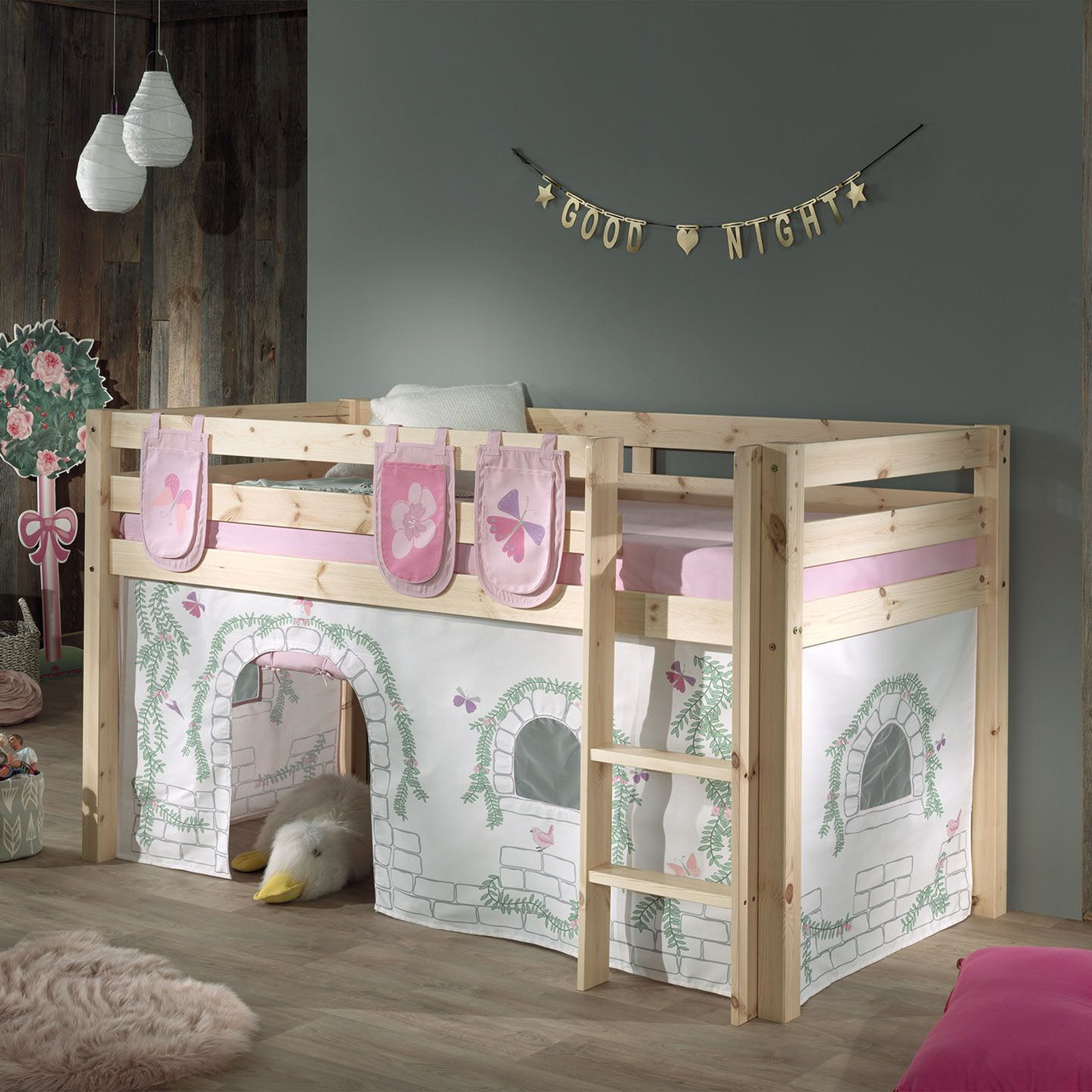 Halbhohes Bett Birdy Holz, mit Spielvorhang und Betttaschen #2