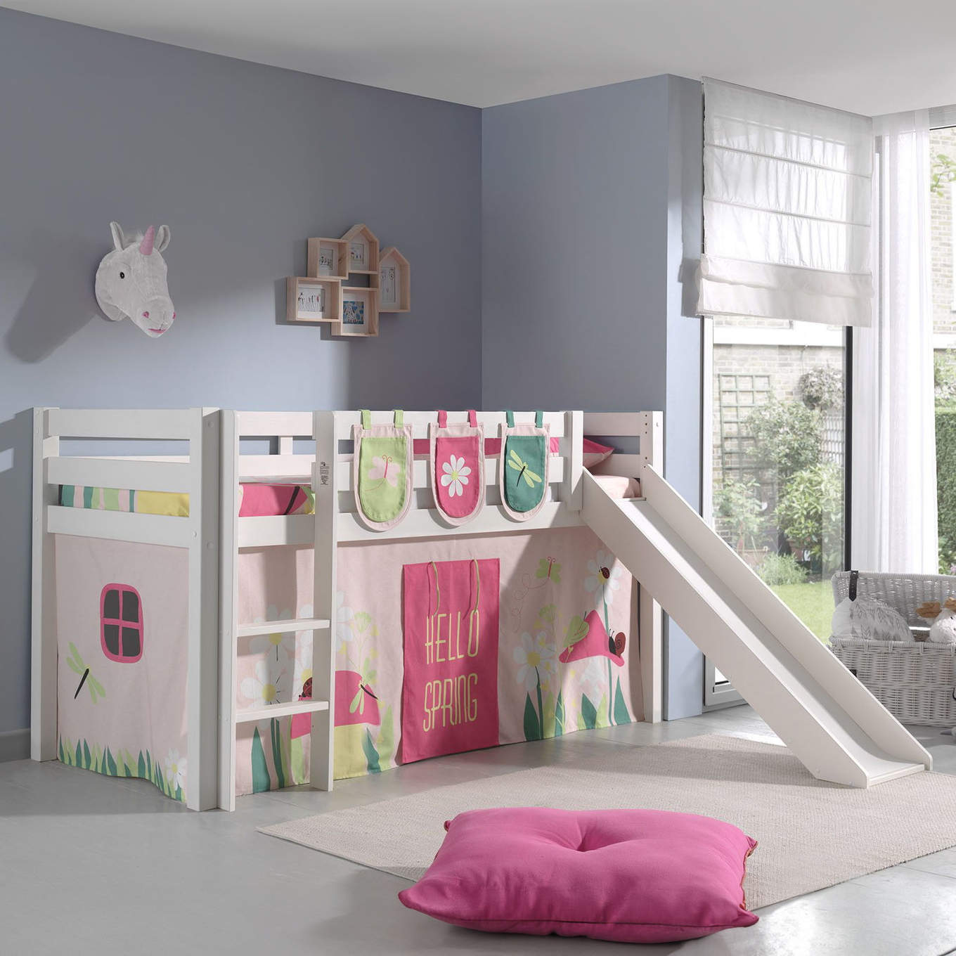 Halbhohes Bett Pino Spring mit Rutsche Weiss, mit Spielvorhang und Betttaschen #2