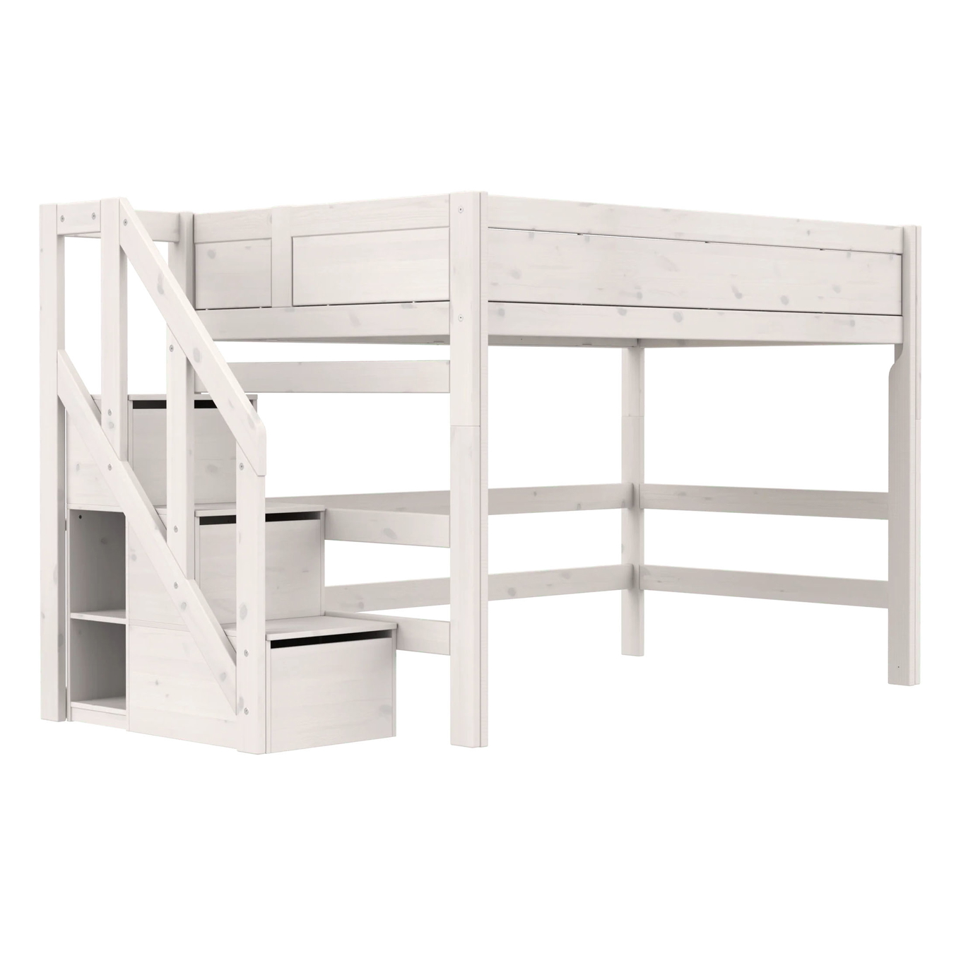 Mittelhohes Bett mit Treppe 120x200cm Deluxe Lattenrost, Weiss lasiert