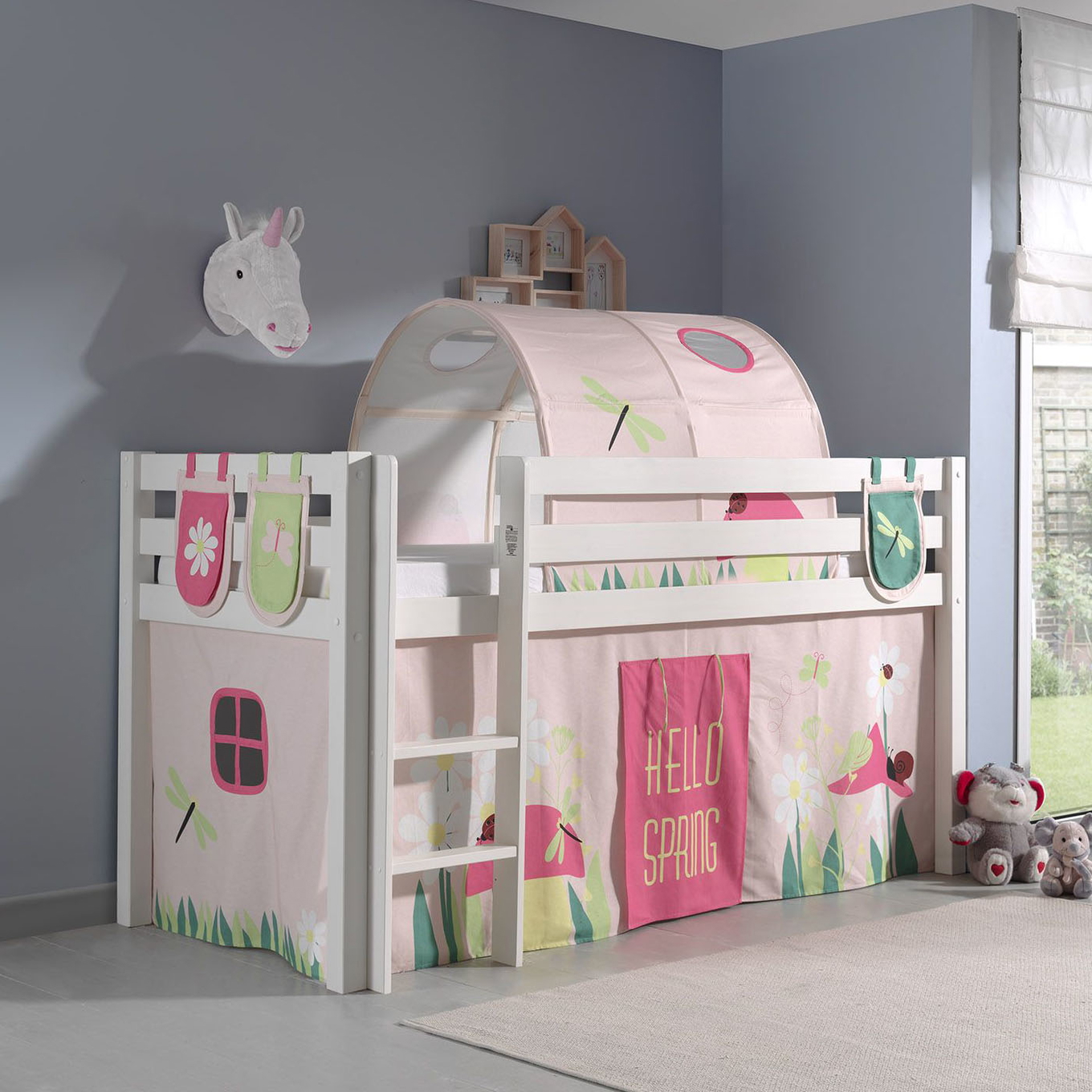 Halbhohes Bett Pino Spring Weiss, mit Spielvorhang, Höhle und Betttaschen #2