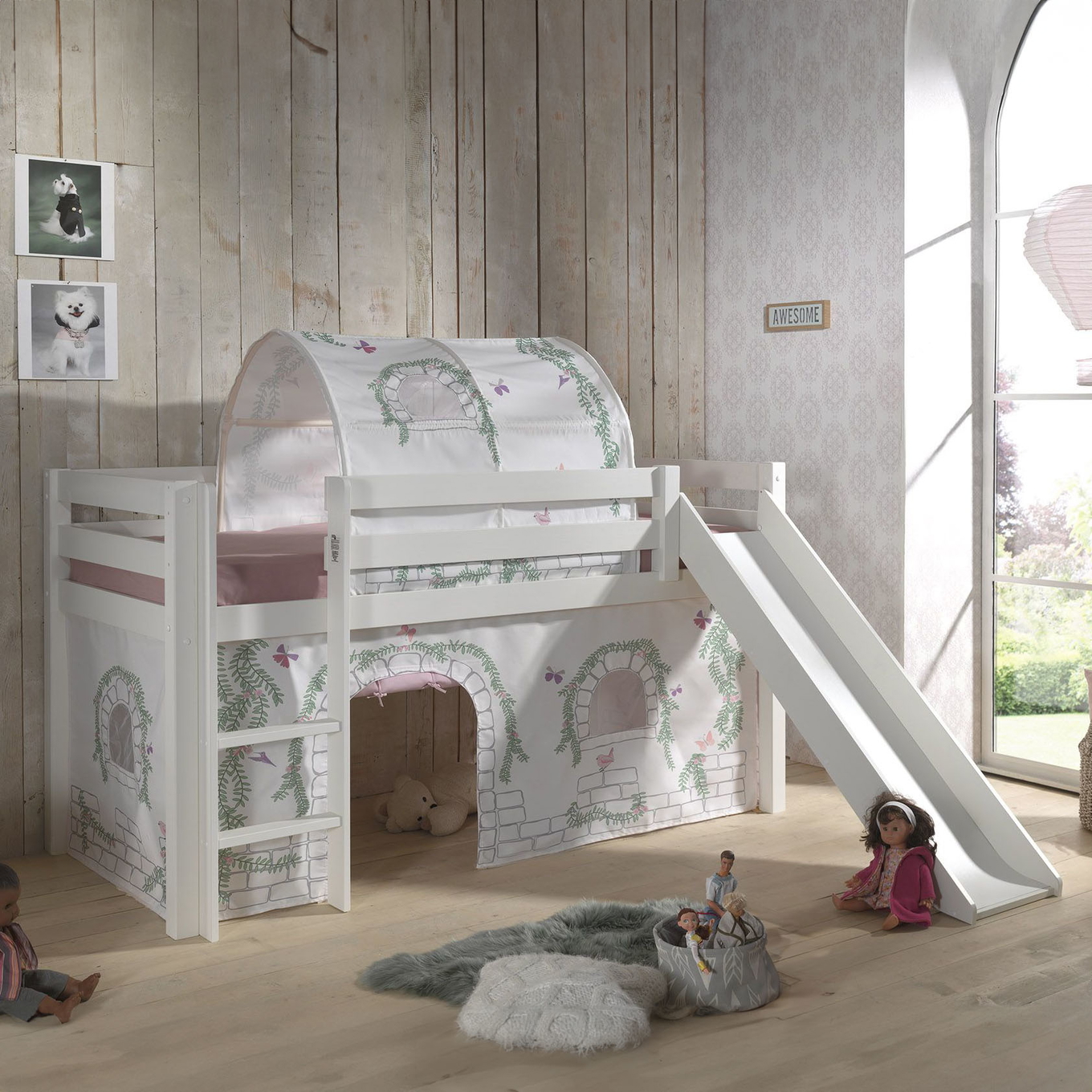 Halbhohes Bett Birdy mit Rutsche Weiss, mit Spielvorhang und Höhle #2