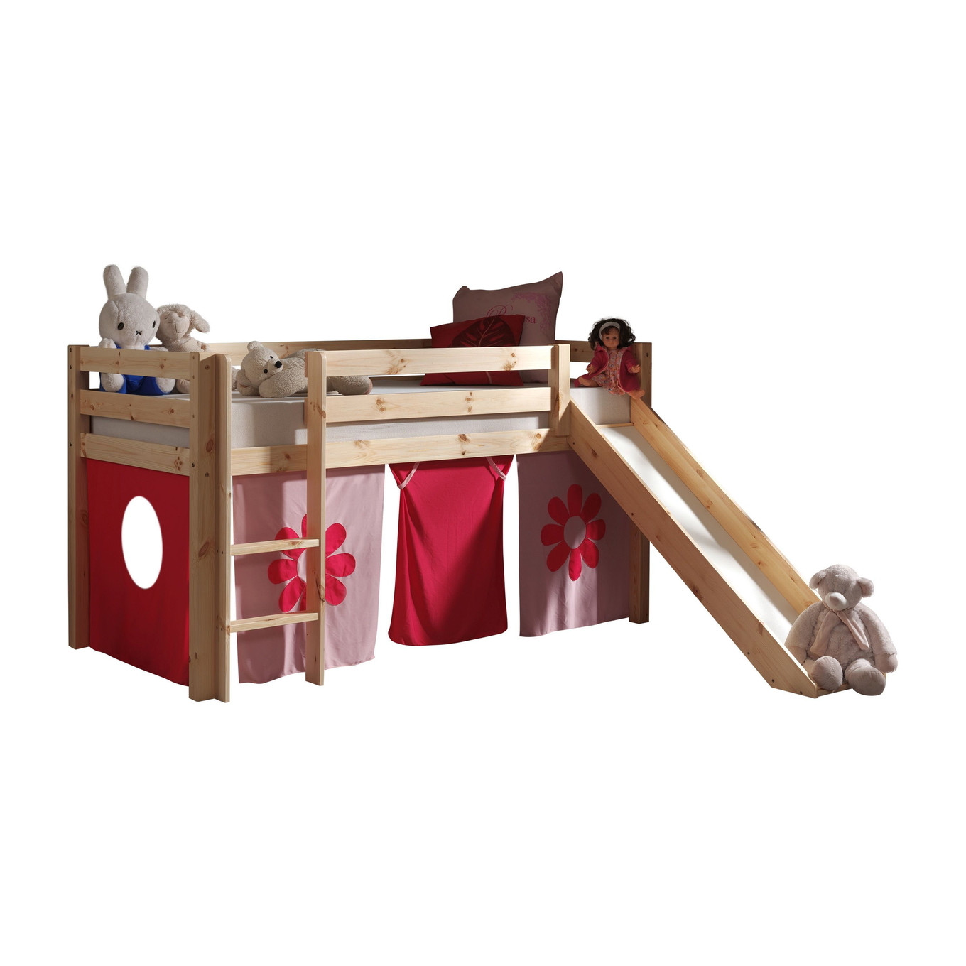 Halbhohes Bett Pink Flower mit Rutsche Holz