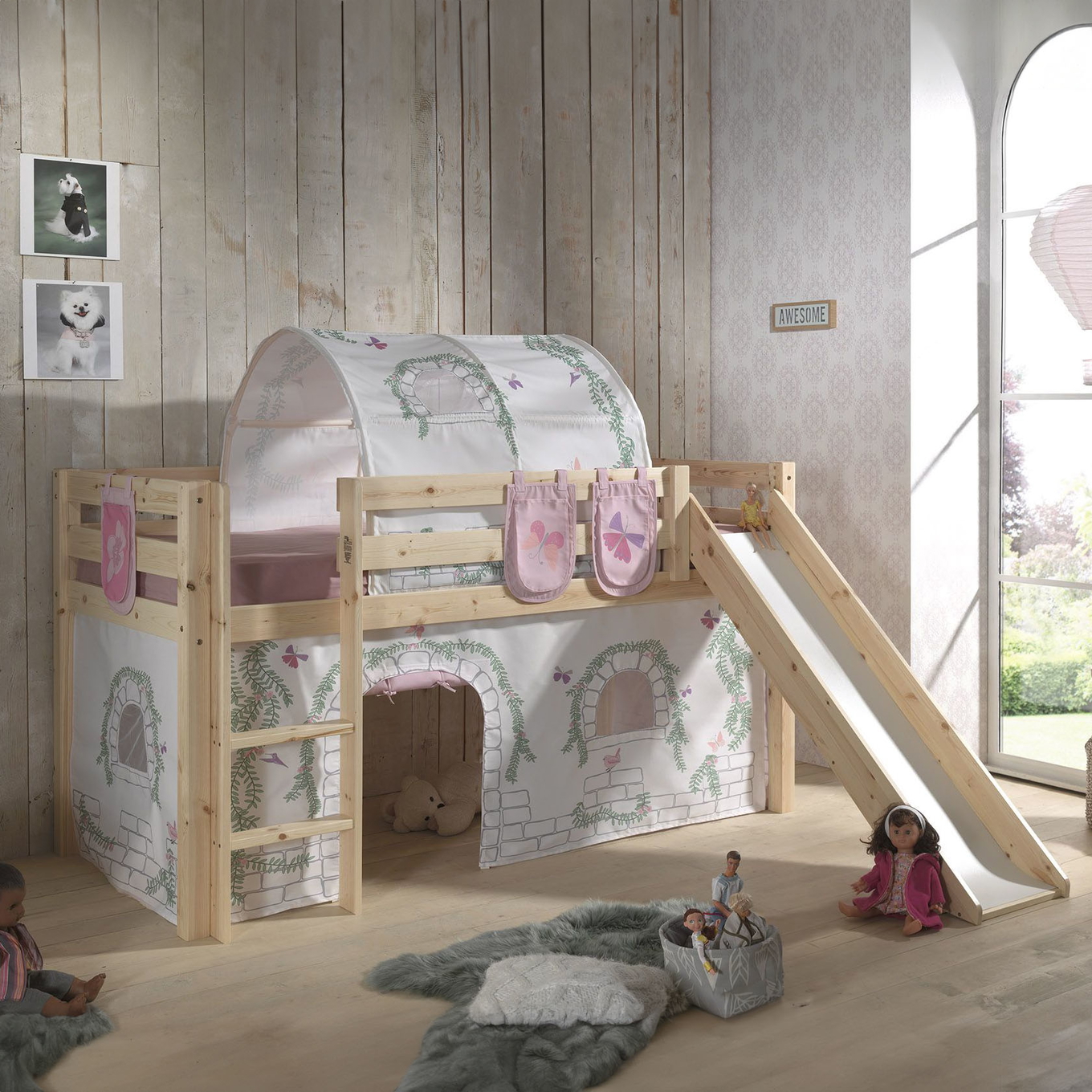 Halbhohes Bett Birdy mit Rutsche Holz, mit Spielvorhang, Höhle und Betttaschen #2