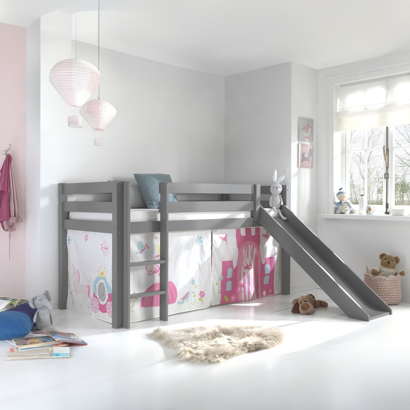 Halbhohes Bett Princess mit Rutsche Grau, mit Spielvorhang #2