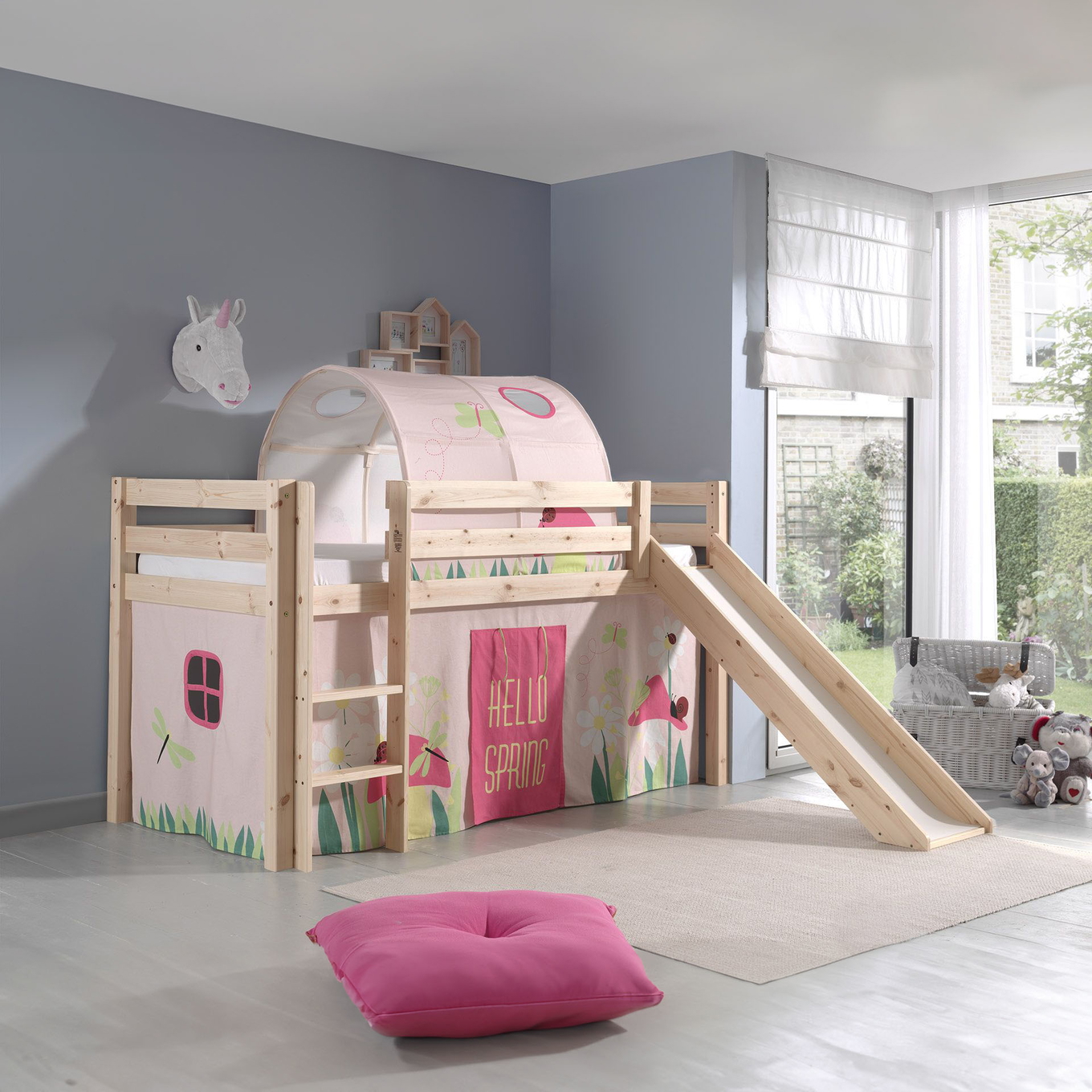 Halbhohes Bett Pino Spring mit Rutsche Holz, mit Spielvorhang und Höhle #2