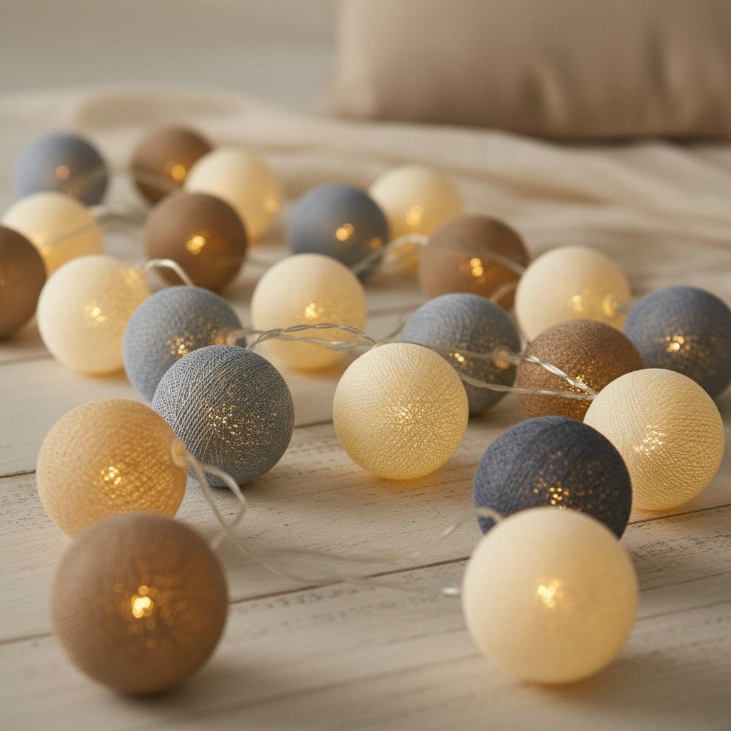 Lichterkette mit Baumwollkugeln Beach Blue #2