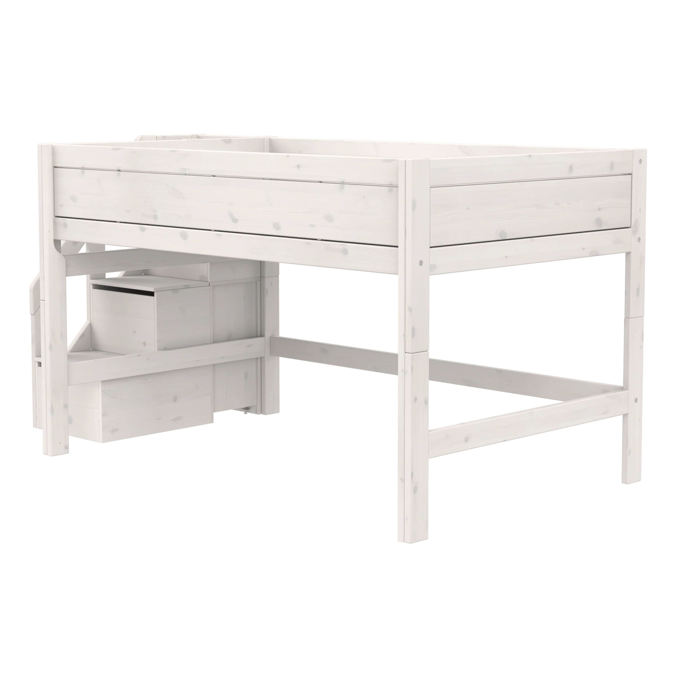 Halbhohes Bett mit Treppe 120x200cm Rollrost, Weiss lasiert 3