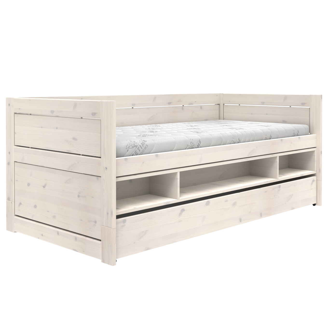 Kojenbett mit Regal und Bettkasten Deluxe Lattenrost, Weiss lasiert