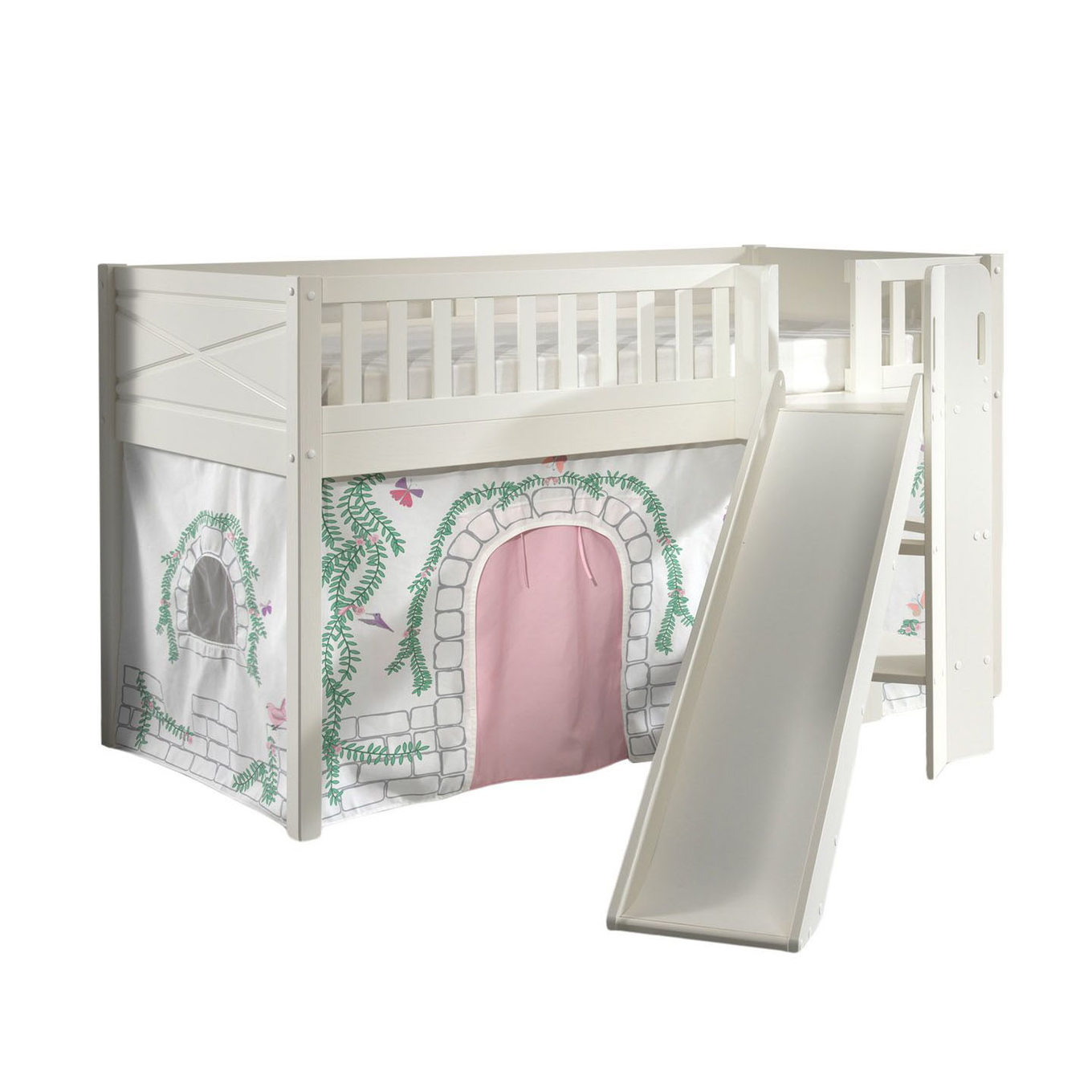 Halbhohes Bett Scott Birdy mit Rutsche mit Spielvorhang