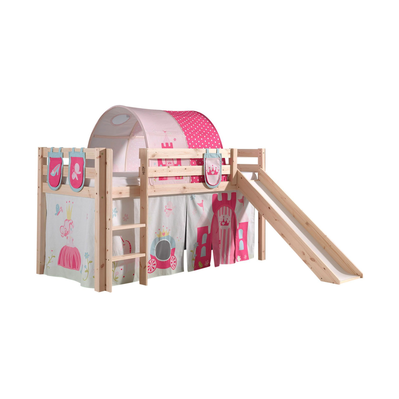 Halbhohes Bett Princess mit Rutsche Holz, mit Spielvorhang, Höhle und Betttaschen