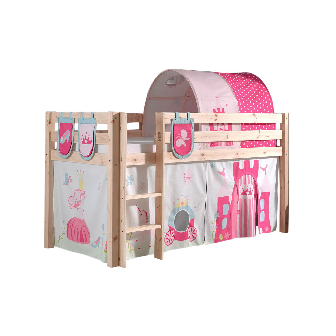 Halbhohes Bett Princess Holz, mit Spielvorhang, Höhle und Betttaschen