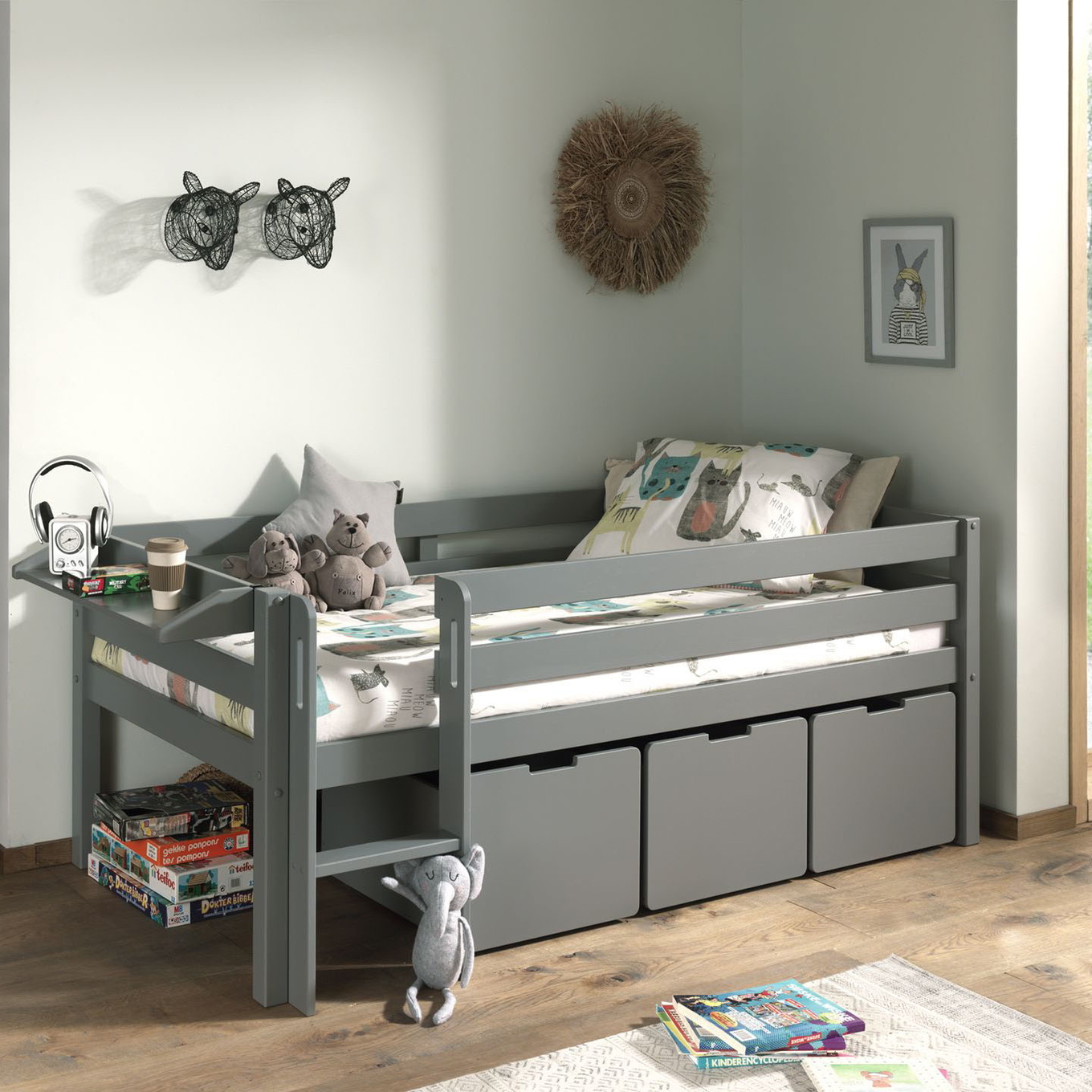 Bett Pino inkl. Hängeablage & Schubladen Set Grau #2