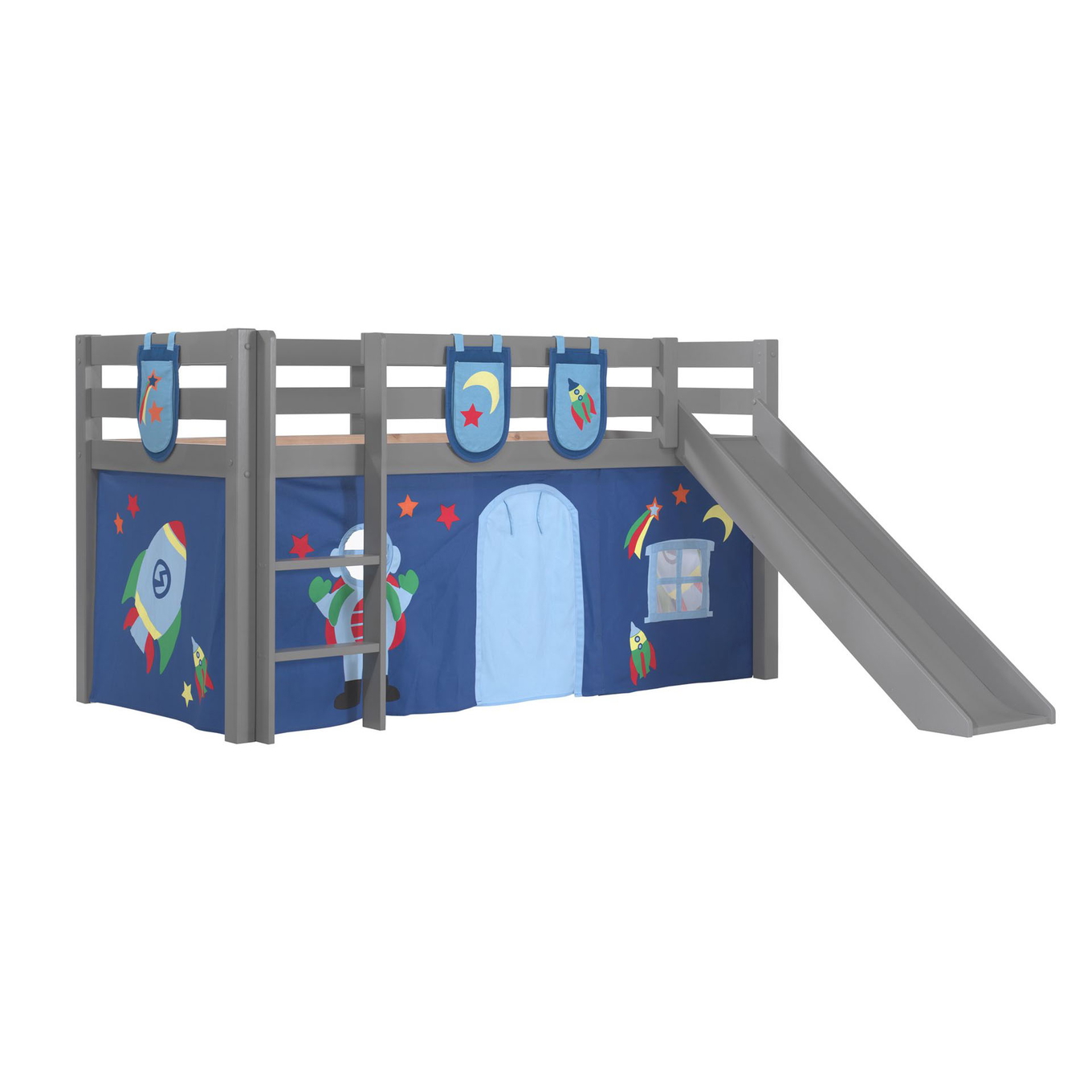 Halbhohes Bett Astro mit Rutsche Grau, mit Spielvorhang und Betttaschen