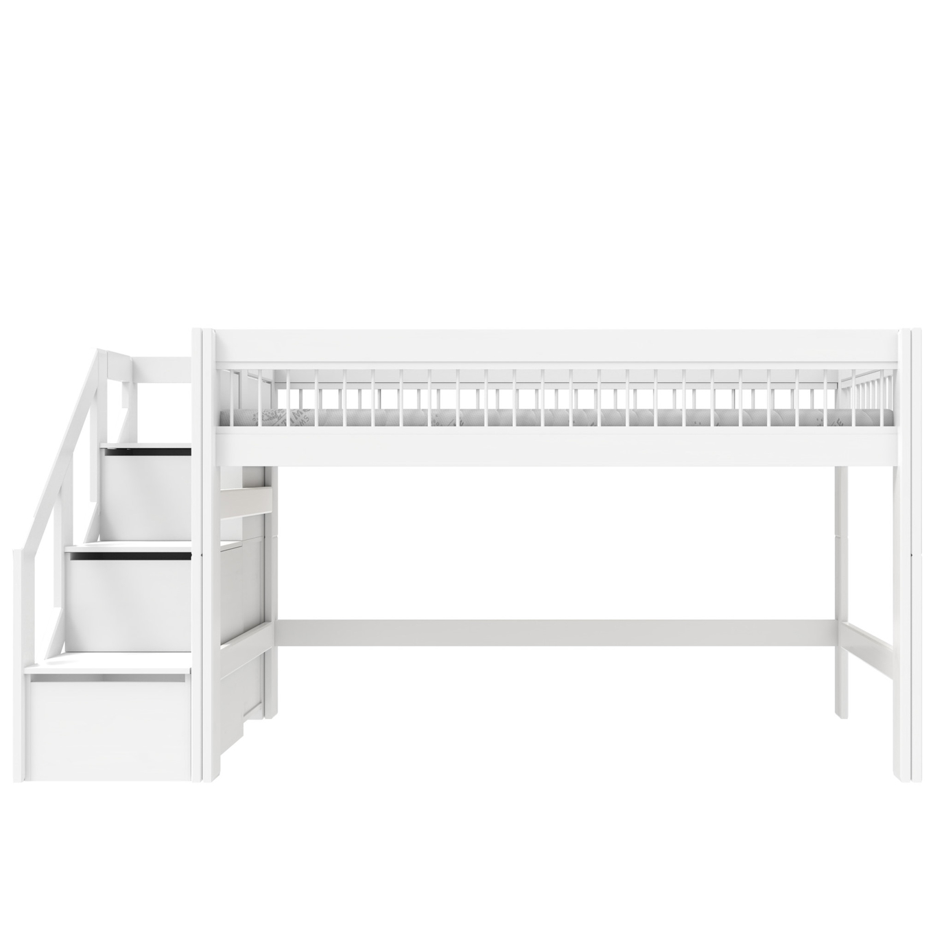 Halbhohes Bett mit Treppe Breeze 90x200cm Rollrost, Weiss 3