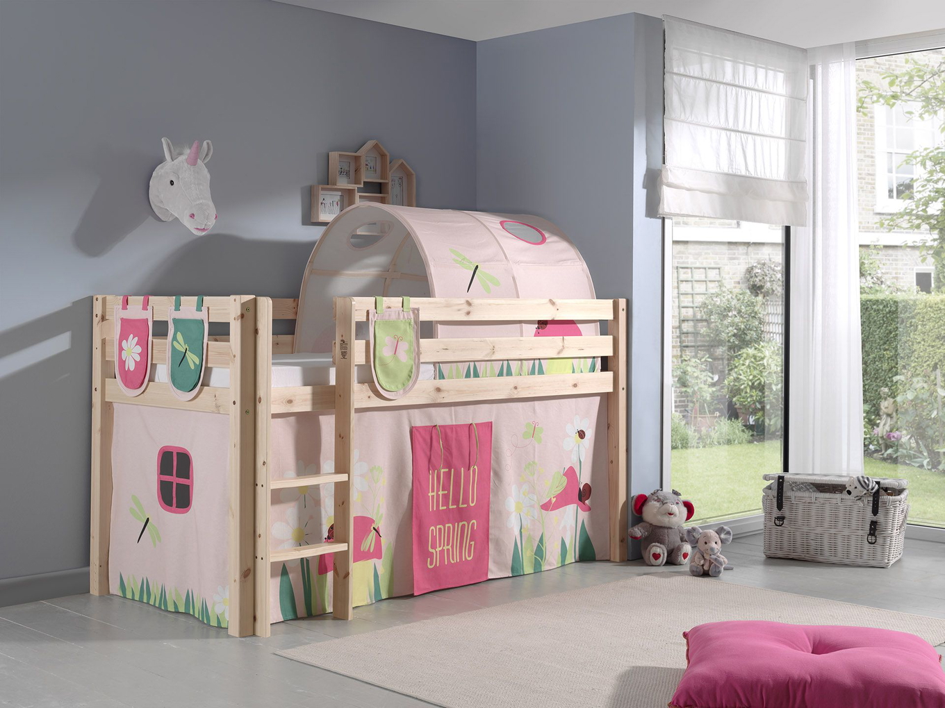 Halbhohes Bett Pino Spring Holz, mit Spielvorhang, Höhle und Betttaschen 3