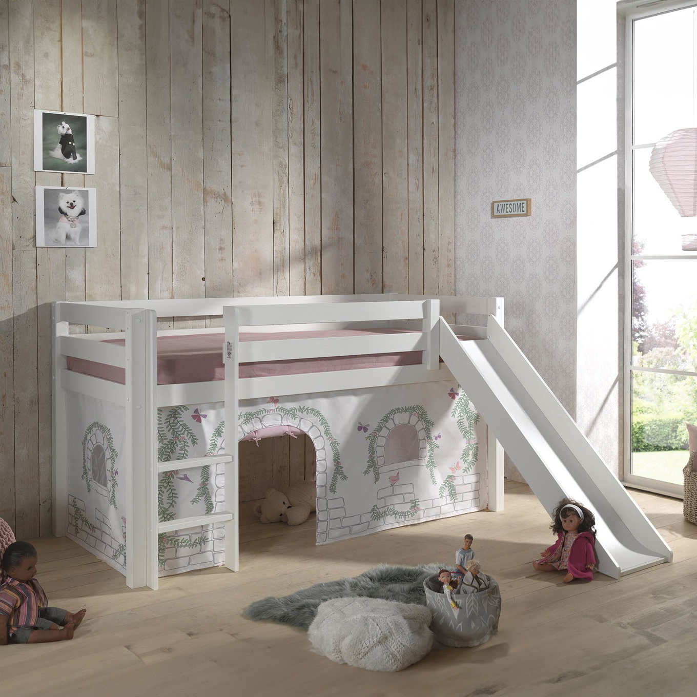 Halbhohes Bett Birdy mit Rutsche Weiss, mit Spielvorhang #2