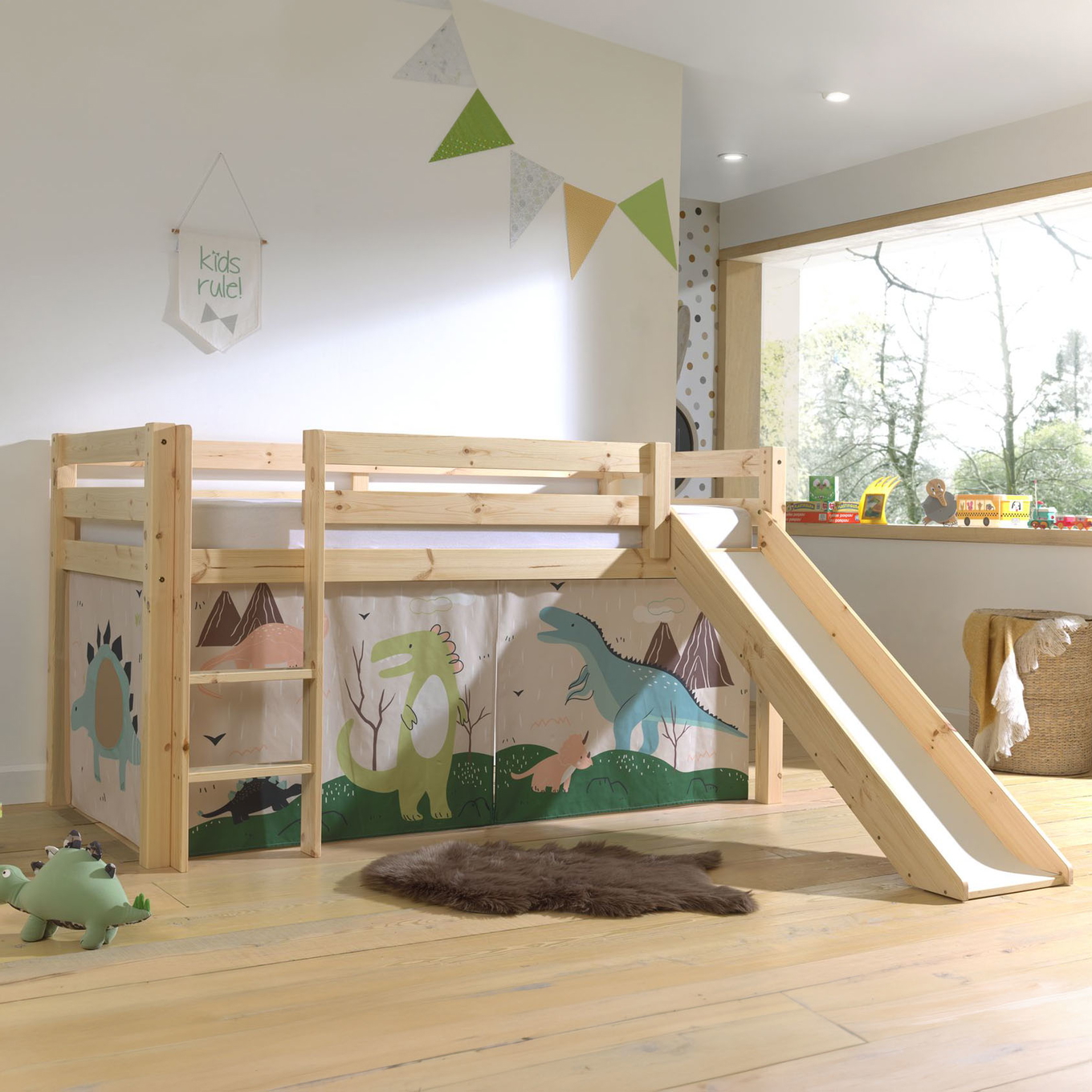 Halbhohes Bett Dino mit Rutsche Holz #2