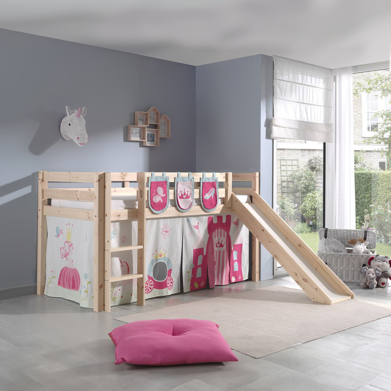 Halbhohes Bett Princess mit Rutsche Holz, mit Spielvorhang und Betttaschen #2