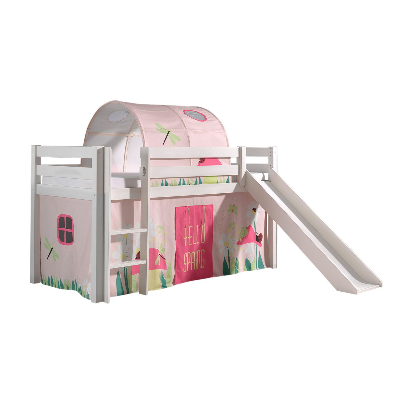 Halbhohes Bett Pino Spring mit Rutsche Weiss, mit Spielvorhang und Höhle
