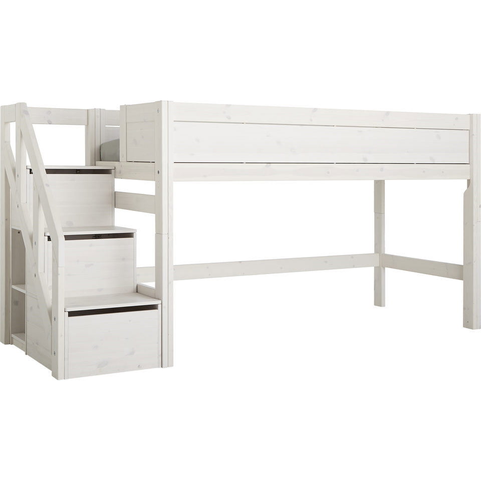 Halbhohes Bett mit Treppe 90x200cm Rollrost, Weiss lasiert