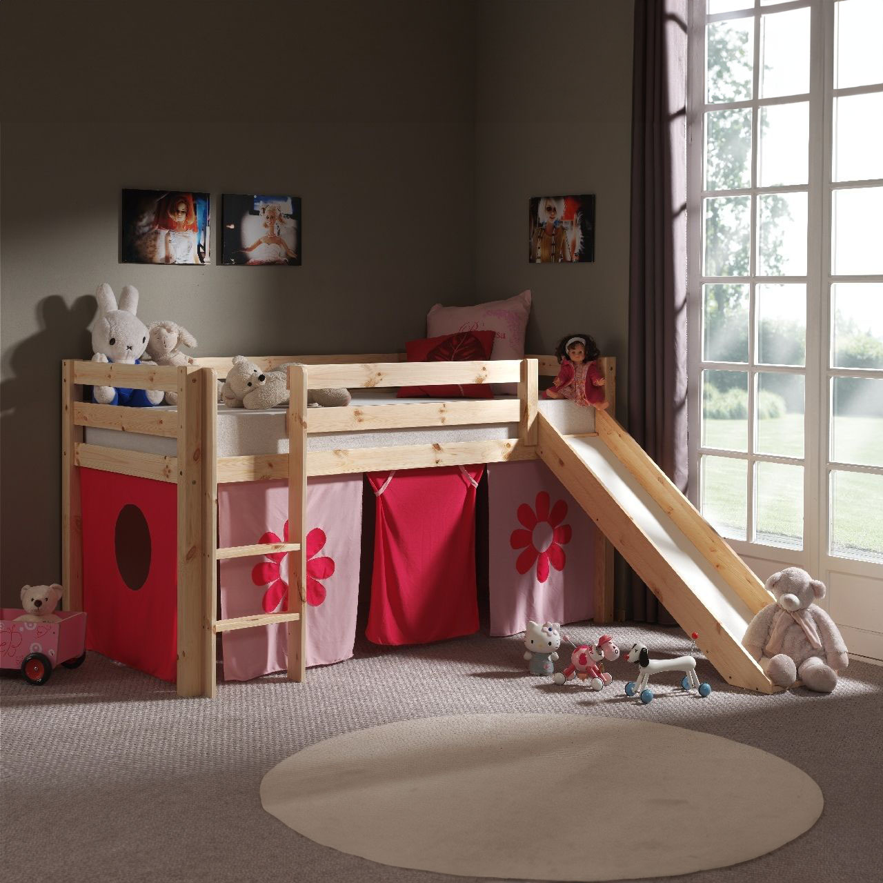 Halbhohes Bett Pink Flower mit Rutsche Holz #2