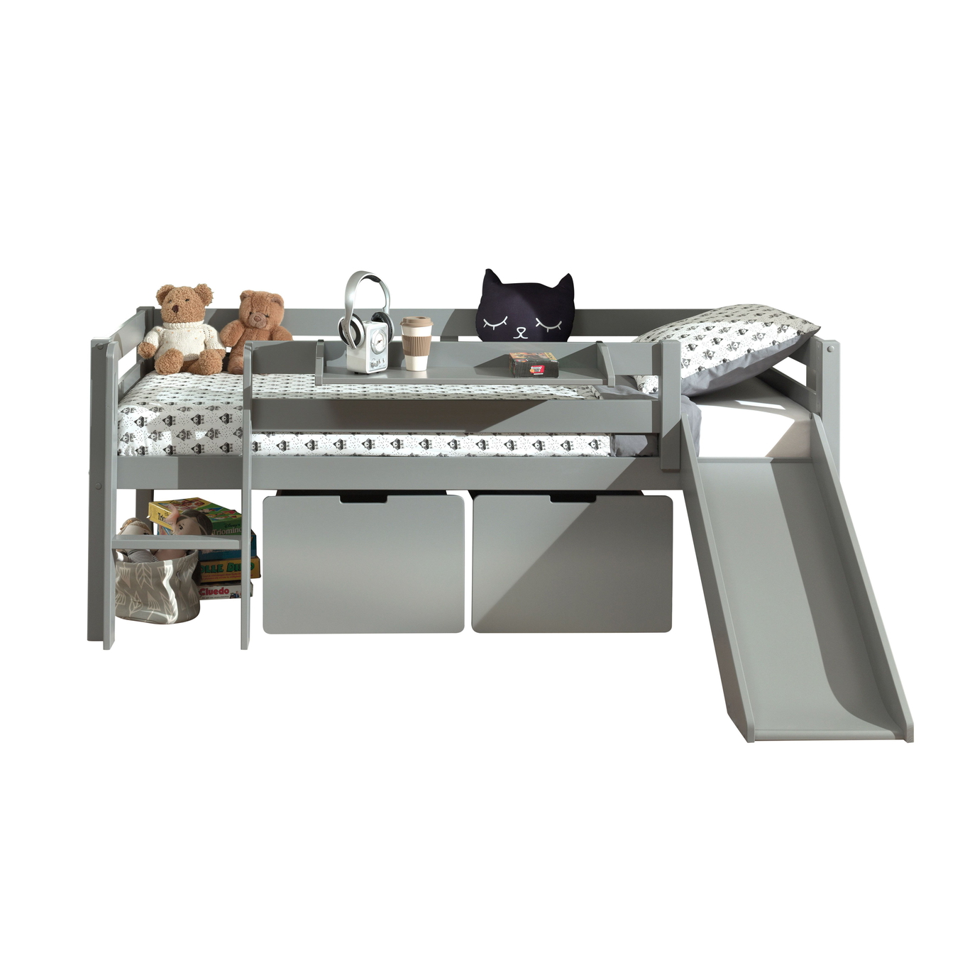 Bett Pino mit Rutsche inkl. Hängeablage & Schubladen 2er-Set Grau