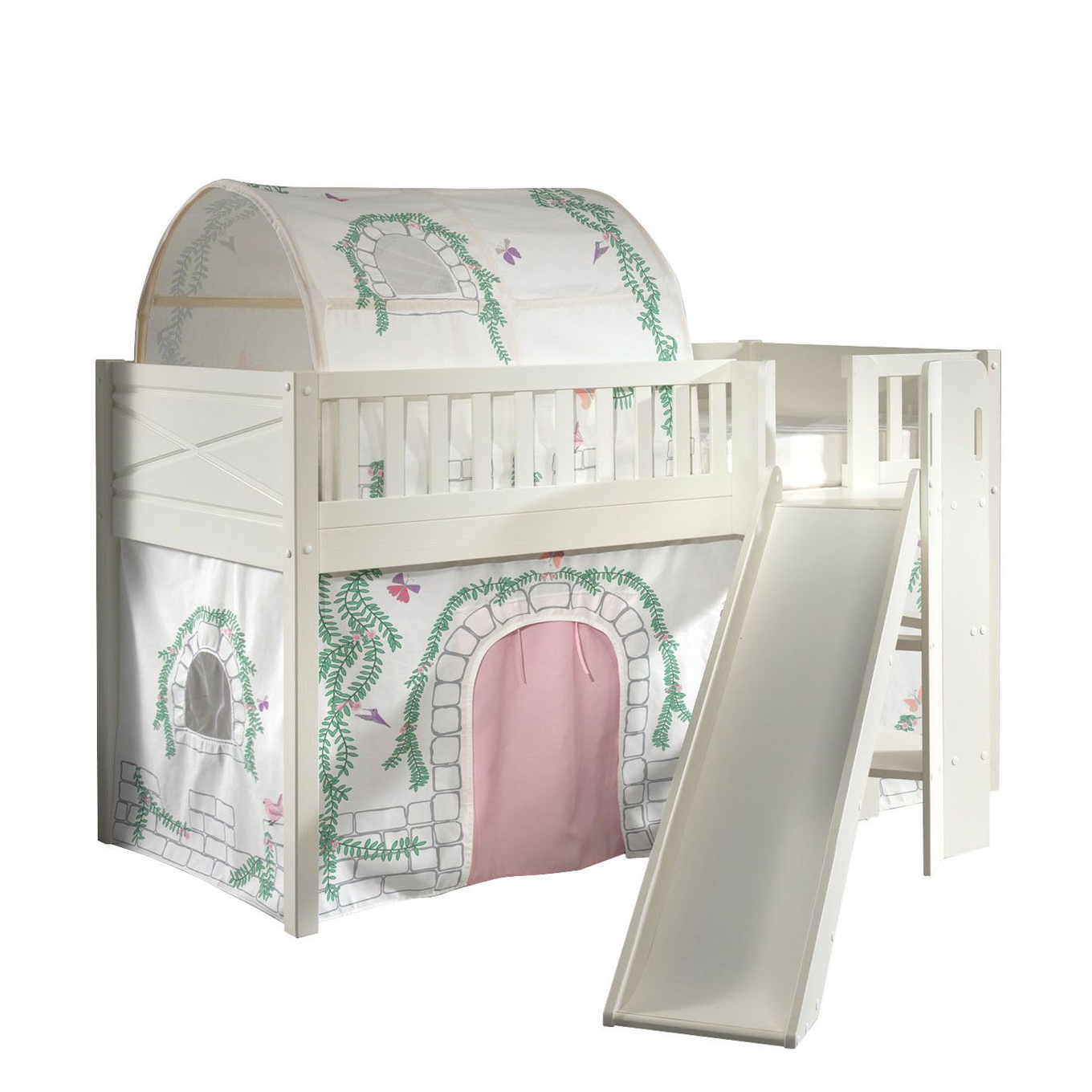 Halbhohes Bett Scott Birdy mit Rutsche mit Spielvorhang und Höhle