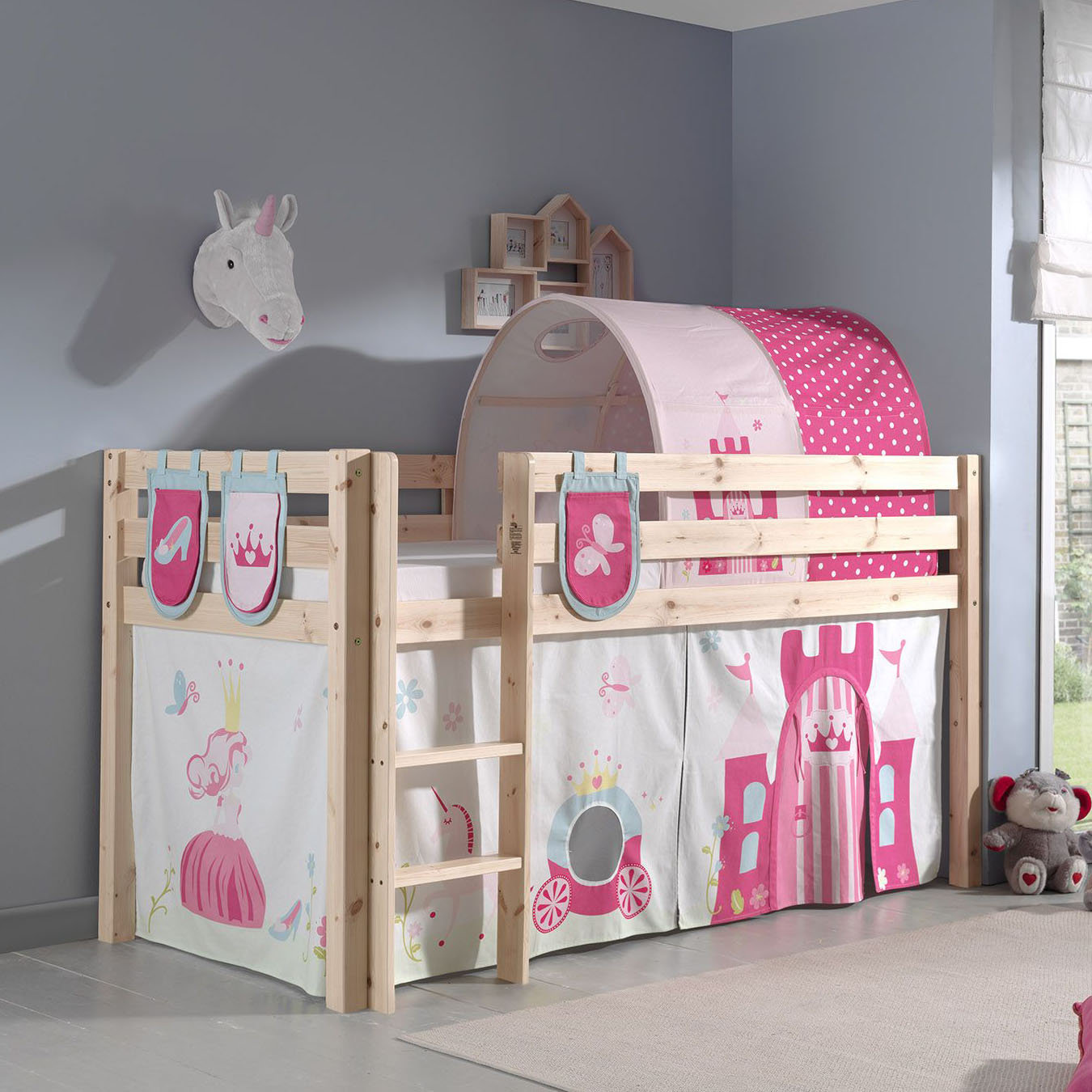 Halbhohes Bett Princess Holz, mit Spielvorhang, Höhle und Betttaschen #2