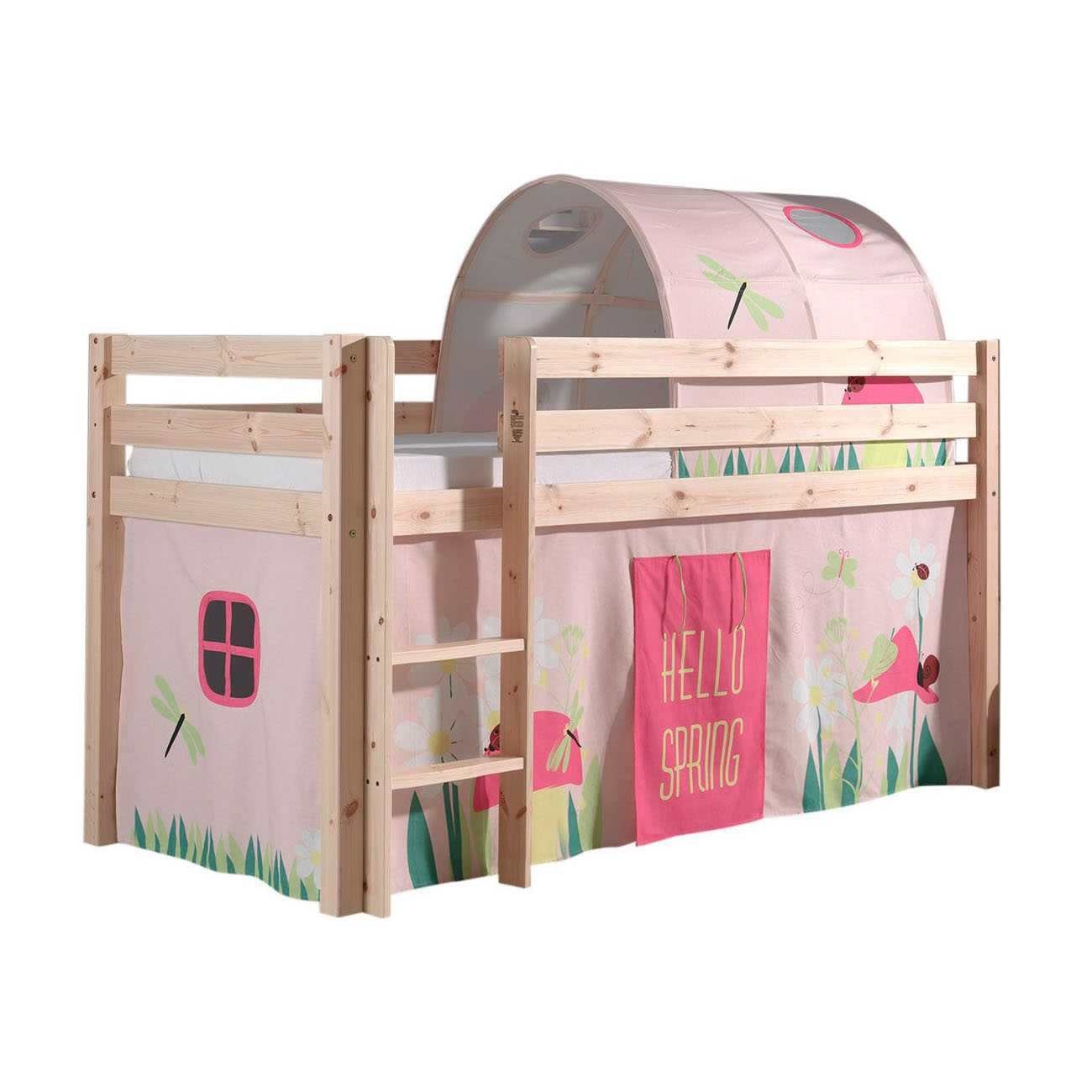 Halbhohes Bett Pino Spring Holz, mit Spielvorhang und Höhle