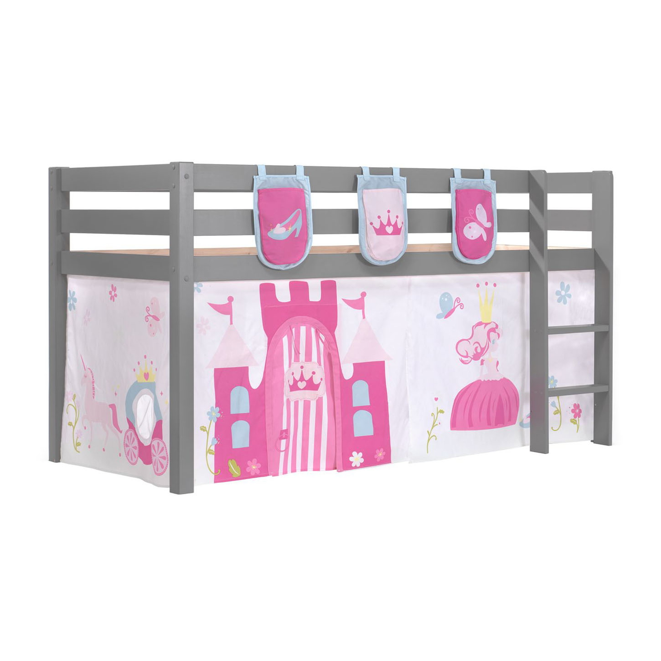 Halbhohes Bett Princess Grau, mit Spielvorhang und Betttaschen