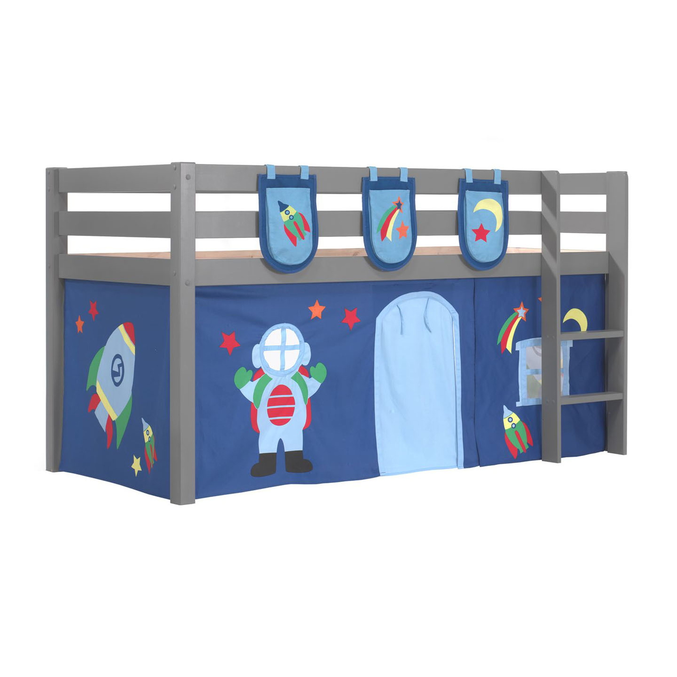 Halbhohes Bett Astro Grau, mit Spielvorhang und Betttaschen