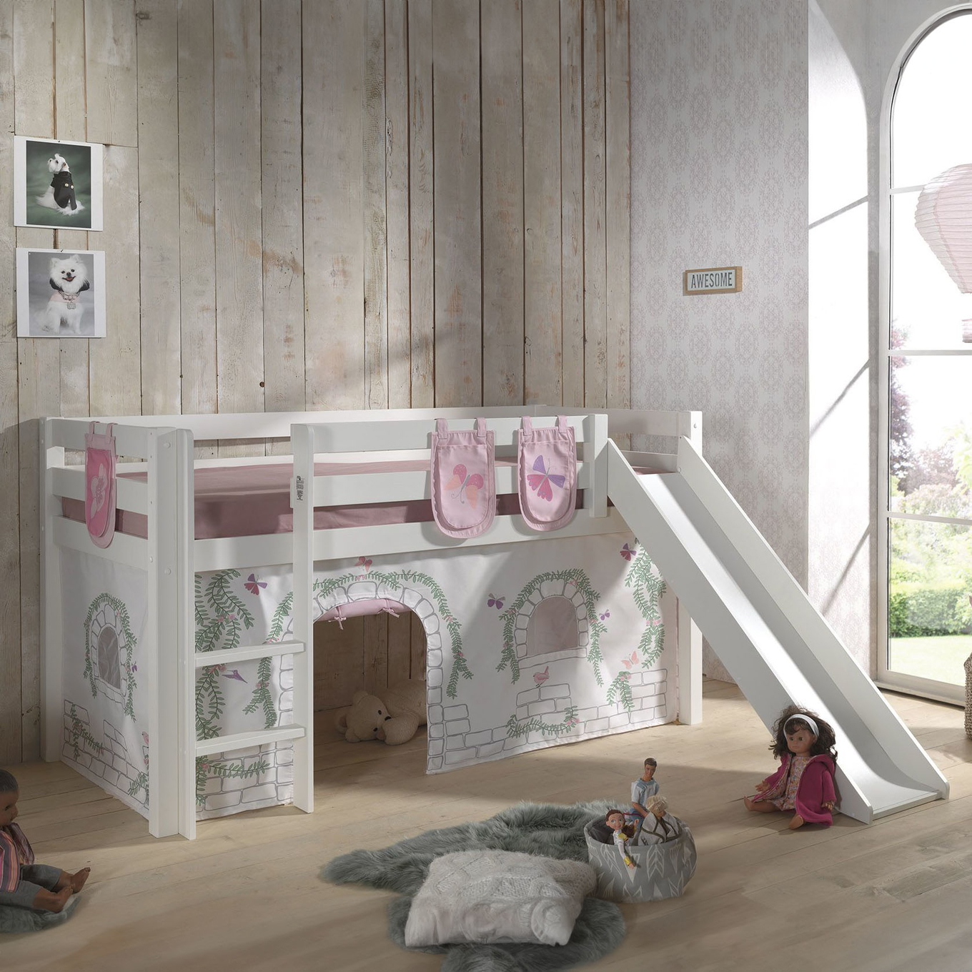 Halbhohes Bett Birdy mit Rutsche Weiss, mit Spielvorhang und Betttaschen #2