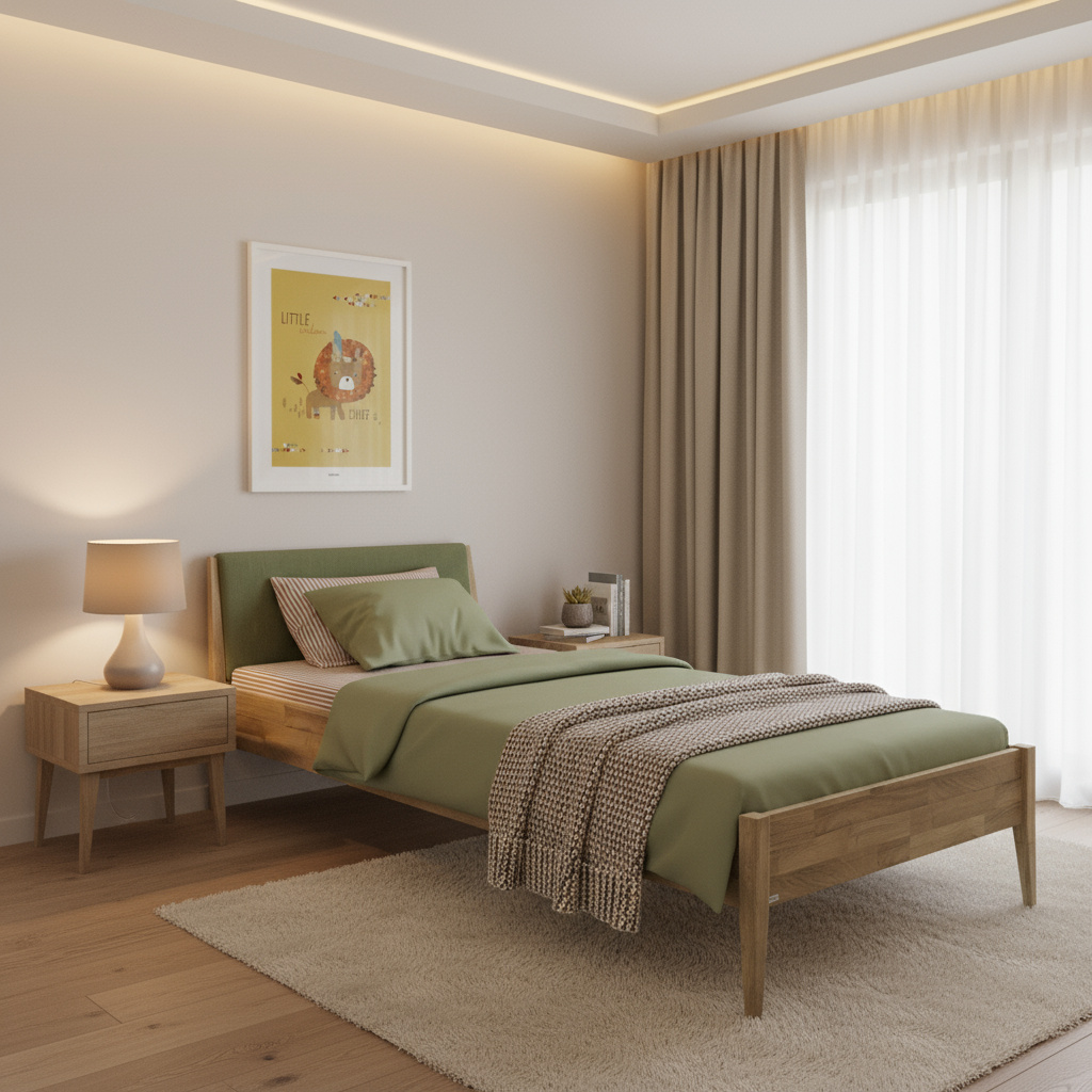 Bett Stiene mit gepolstertem Betthaupt Eiche Nordic Green, 90 x 200 cm 3