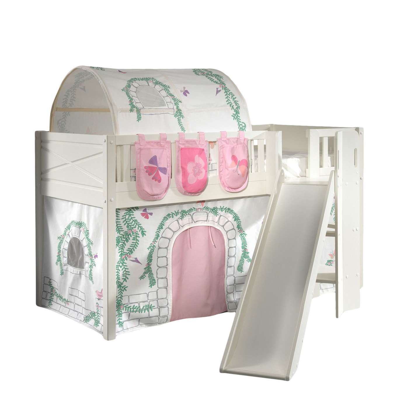 Halbhohes Bett Scott Birdy mit Rutsche mit Spielvorhang, Höhle und Betttaschen