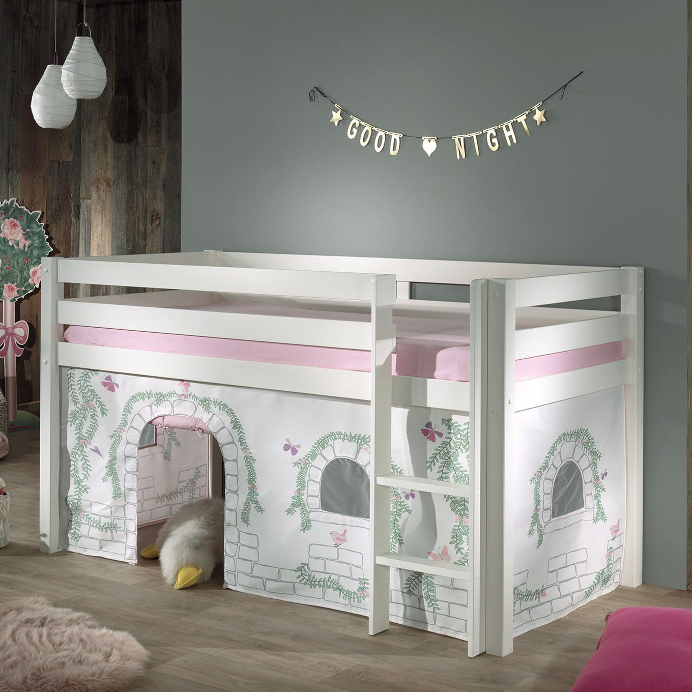 Halbhohes Bett Birdy Weiss, mit Spielvorhang #2