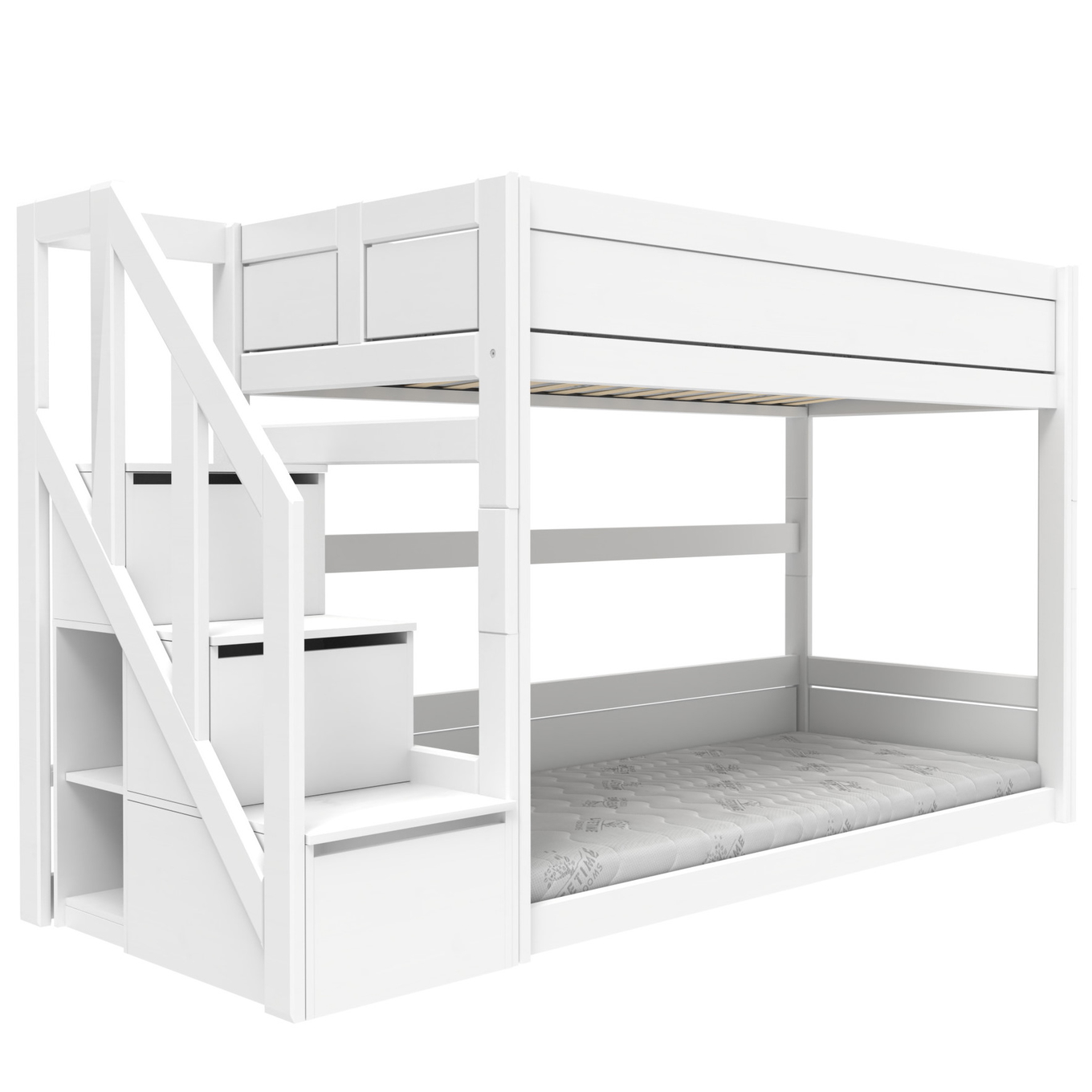 Niedriges Etagenbett mit Treppe Rollrost, Weiss