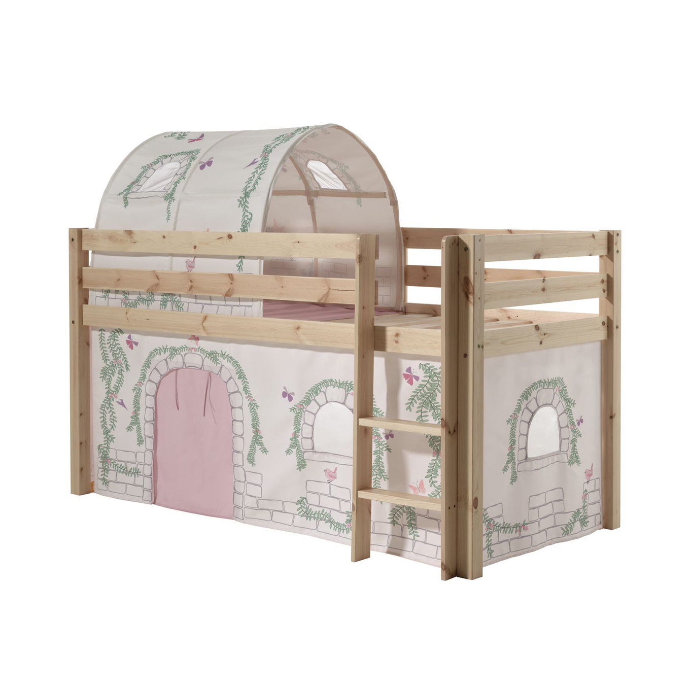 Halbhohes Bett Birdy Holz, mit Spielvorhang und Höhle