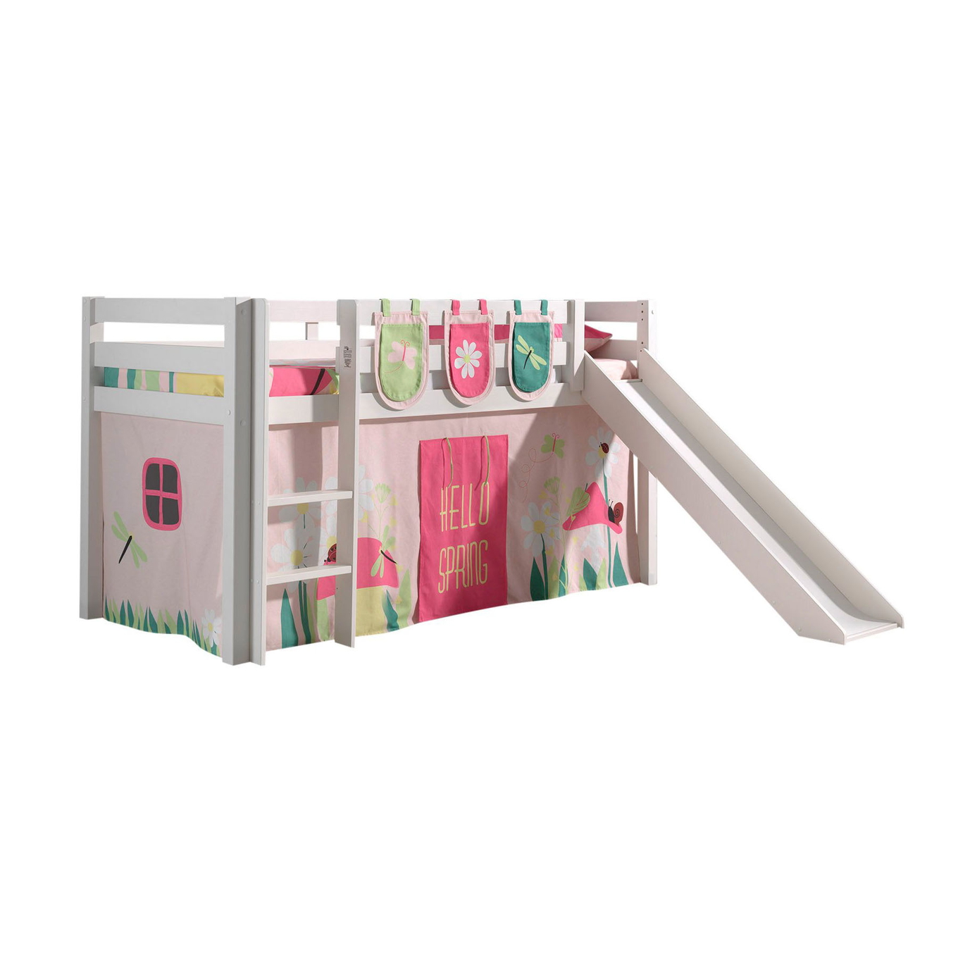 Halbhohes Bett Pino Spring mit Rutsche Weiss, mit Spielvorhang und Betttaschen