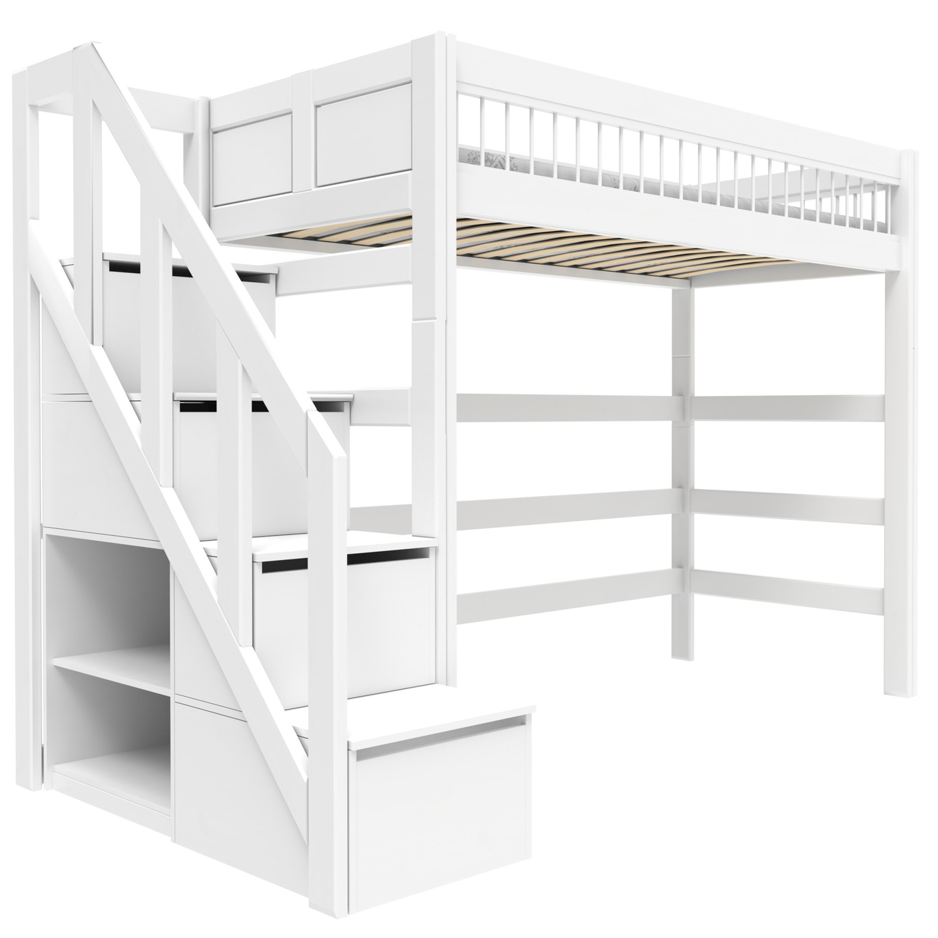 Hochbett mit Treppe Breeze Deluxe Lattenrost, Weiss