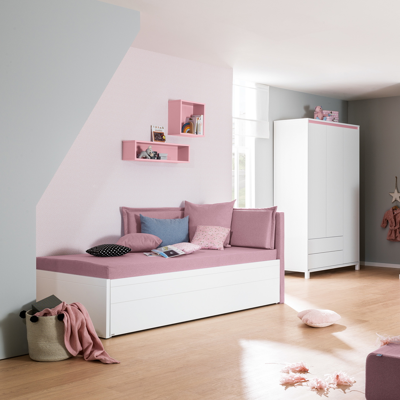 Bett Flynn mit gepolstertem Betthaupt Weiss, Dunkelrosa #2