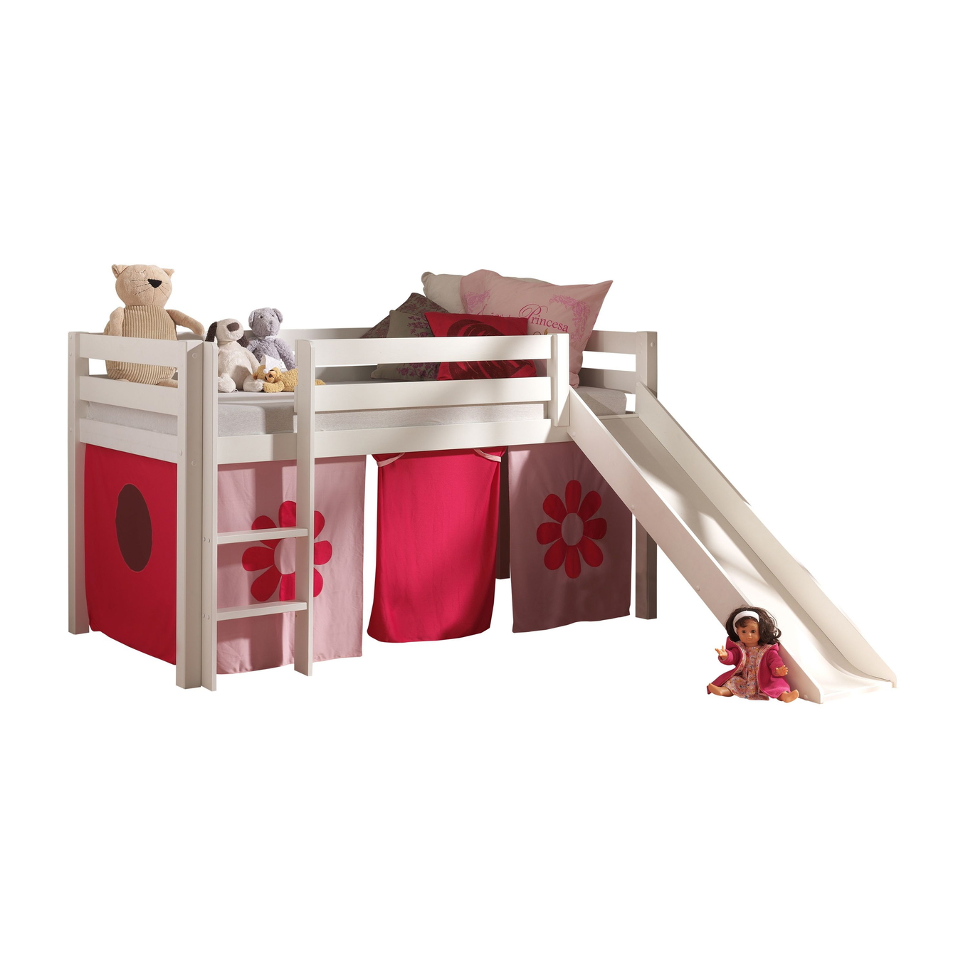 Halbhohes Bett Pink Flower mit Rutsche Weiss
