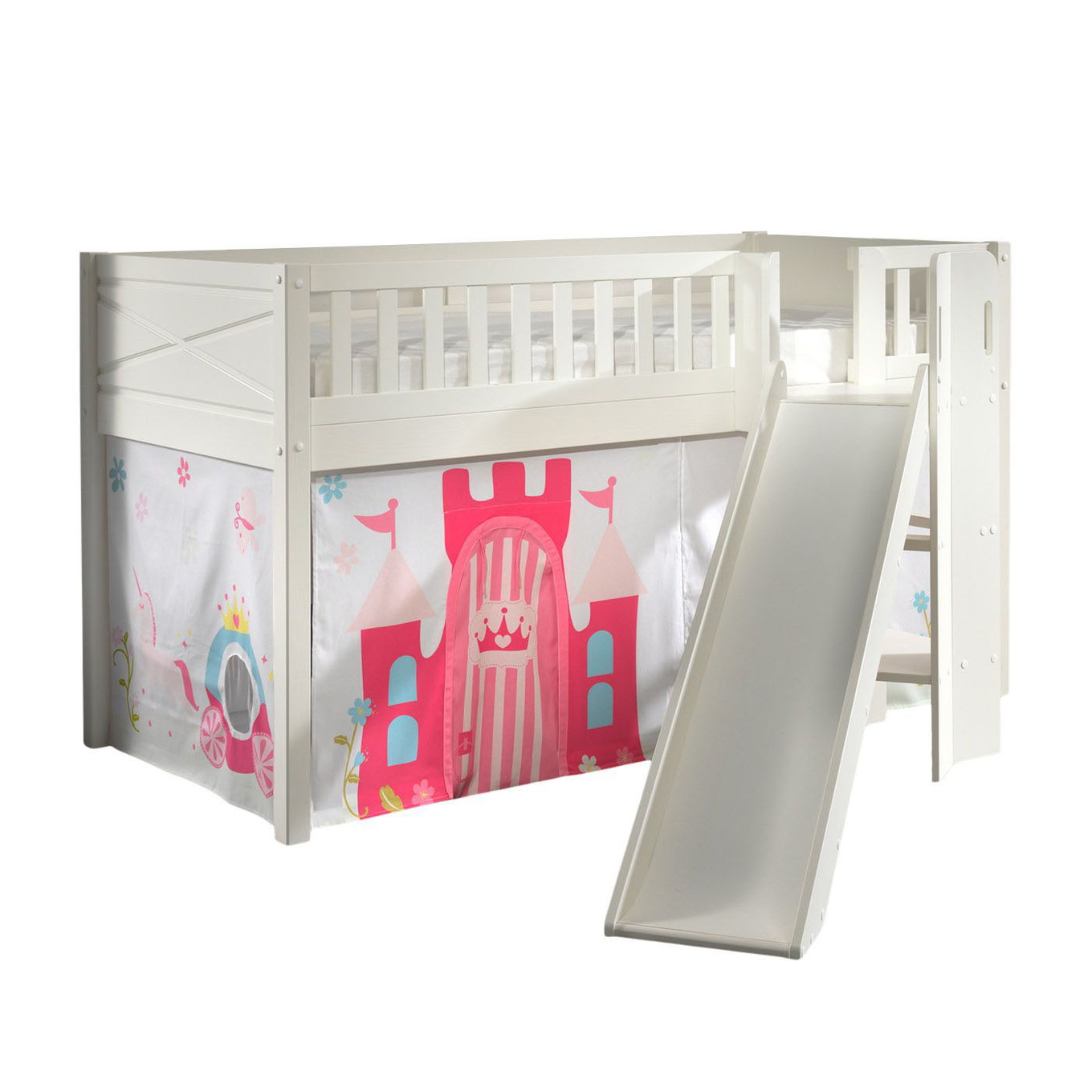 Halbhohes Bett Scott Princess mit Rutsche mit Spielvorhang